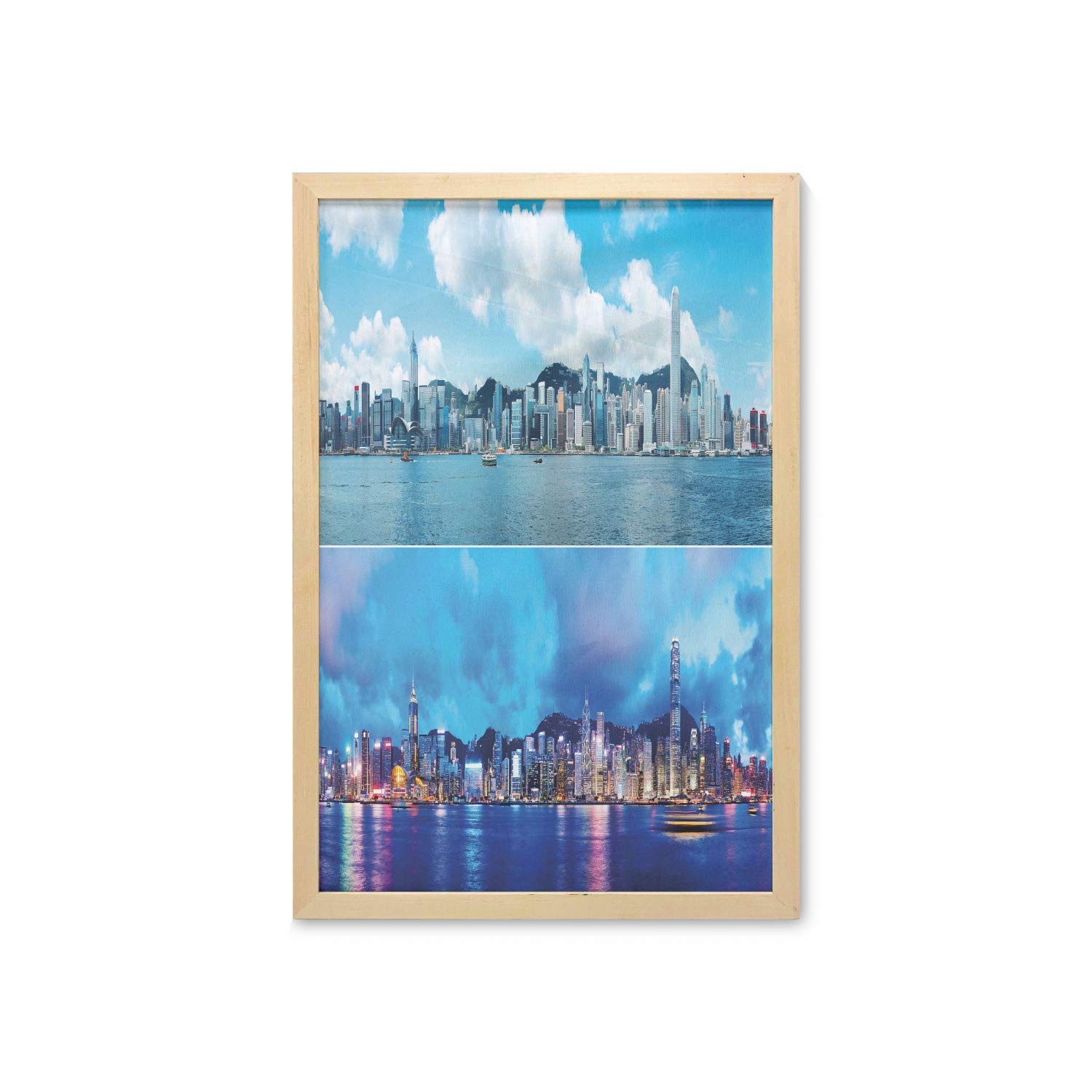 Ambesonne Framed Urban Wall Art - Hong Kong City Morning & Evening Skyline Print, 23