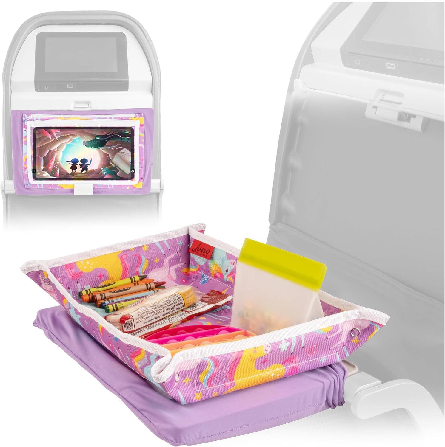 **Lusso Gear Kids Airplane Tray Table Cover with Pockets - Toddler Travel Essentials for Airplane & Train - Portable Baby Travel Tray for Snacks & Toys - Perfect for Long Flights & Road Trips (Unicorn Design)**