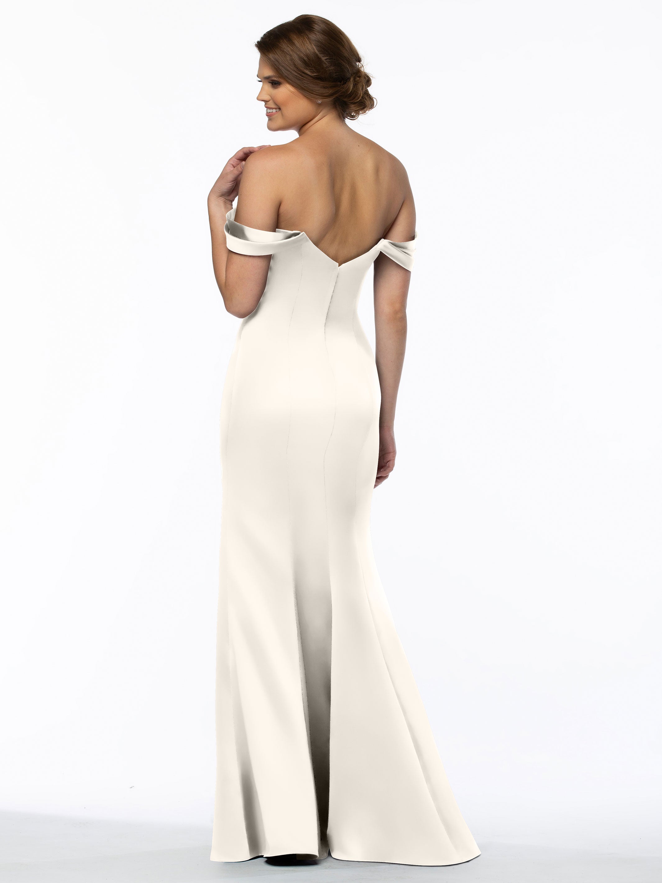 Elegant 80151 Fitted Satin Bridesmaid Dress with Off-The-Shoulder Sleeves - Perfect for Weddings, Formal Events & Special Occasions