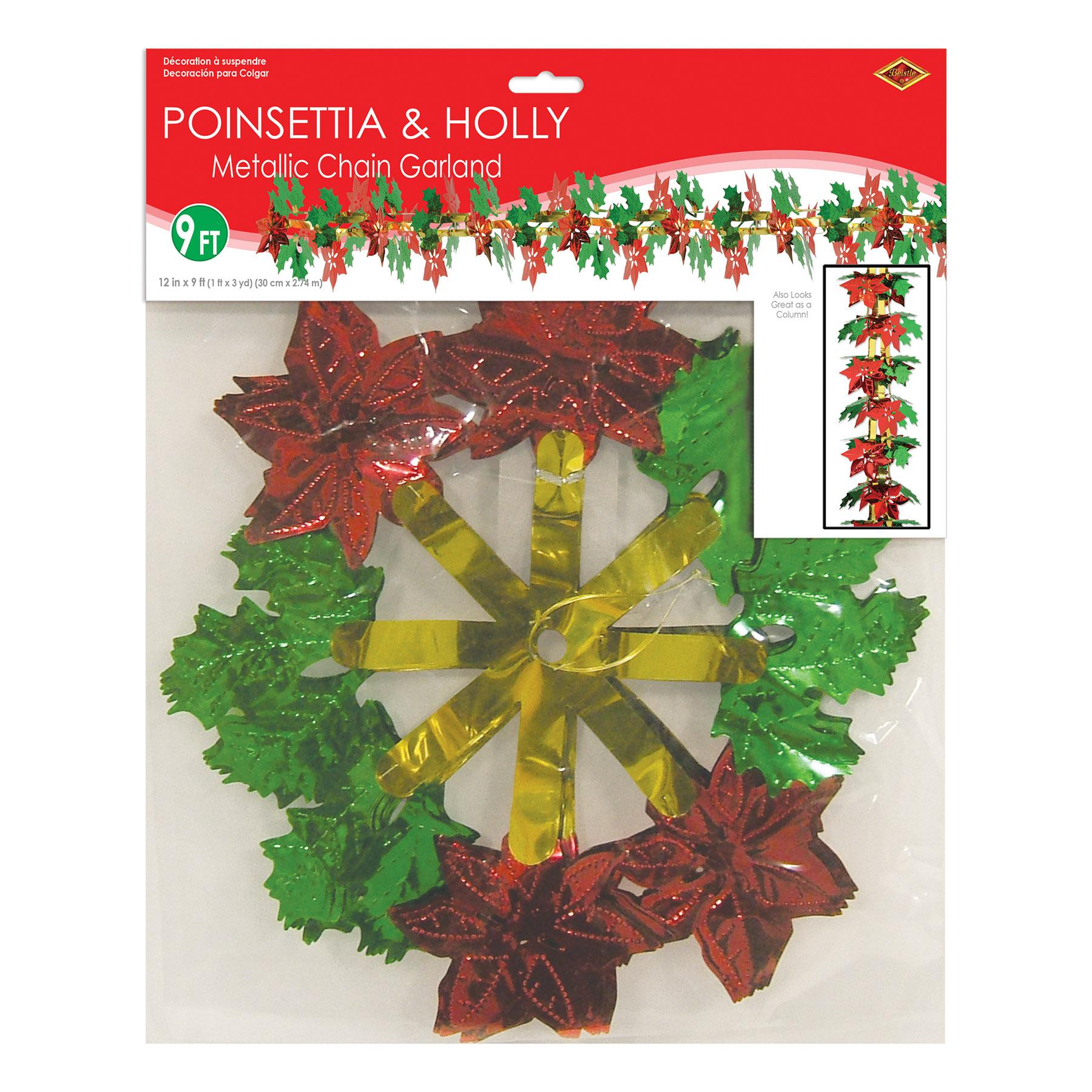 12 Pack Beistle Christmas Poinsettia & Holly Garland Decorations - Holiday Party Decor for Home, Tree, Fireplace & Office