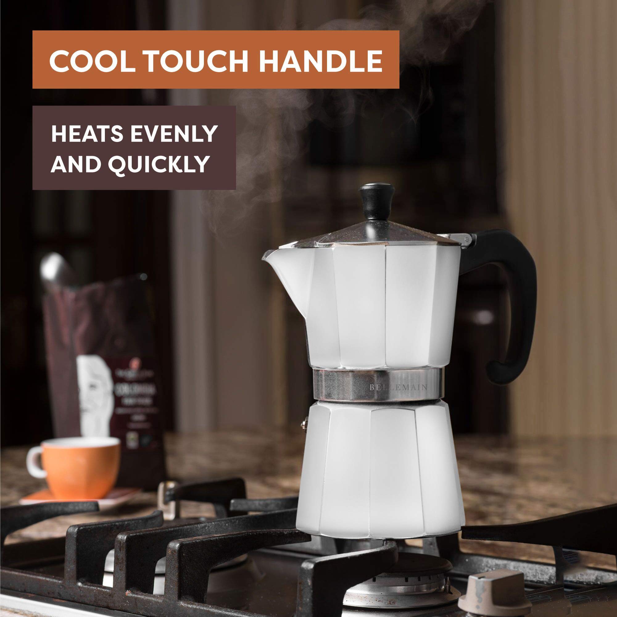 Bellemain Stovetop Espresso Maker Moka Pot - 6 Cup Italian Coffee Maker for Gas & Electric Stoves - Perfect for Home, Office & Camping (White)