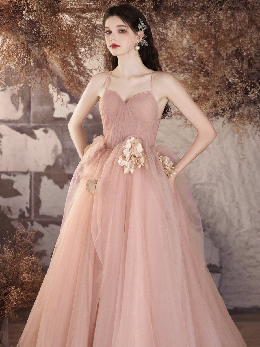 Elegant A-Line V-Neck Tulle Flower Pink Long Prom Dress for Women - Perfect for Evening Gala, Formal Dance & Special Occasions