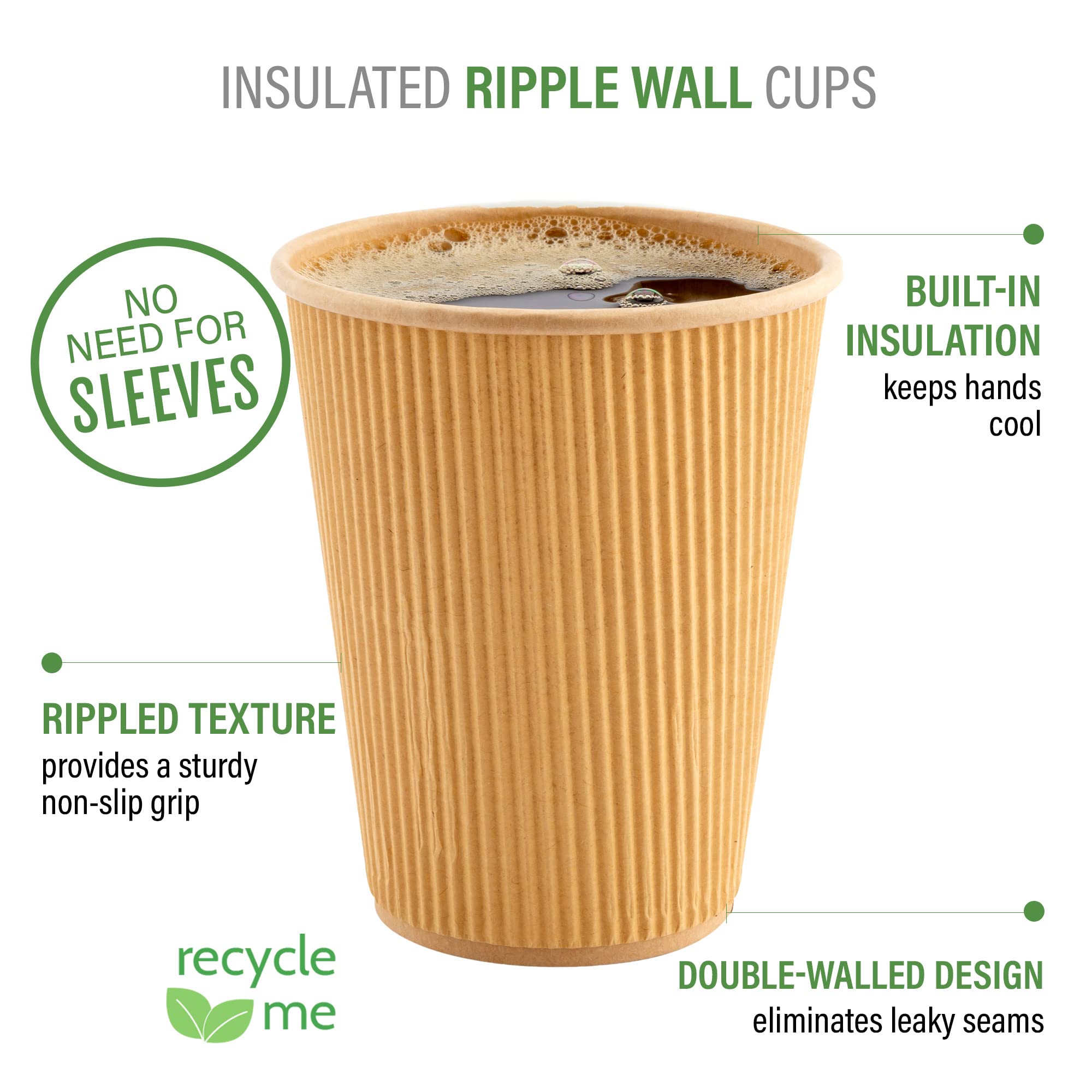 12oz Eco-Friendly Kraft Paper Coffee Cups - 25 Pack Leakproof Disposable Hot Cups with Ripple Design | Insulated Recyclable Paper Cups for Coffee Shops, Offices & Home Use (Lids Sold Separately) - Perfect for Hot Beverages, Takeout & Cafes