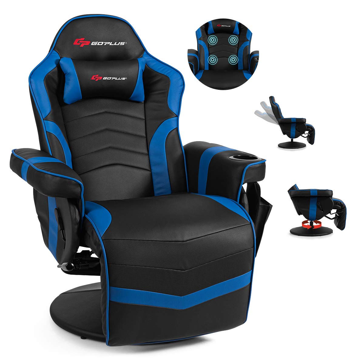 Powerstone Ergonomic Gaming Recliner Chair with Massage & Footrest - Adjustable PU Leather Sofa for Living Room - Includes Cup Holder, Headrest & Side Pouch - Navy Blue - Perfect for Gaming, Relaxing & Home Theater Seating