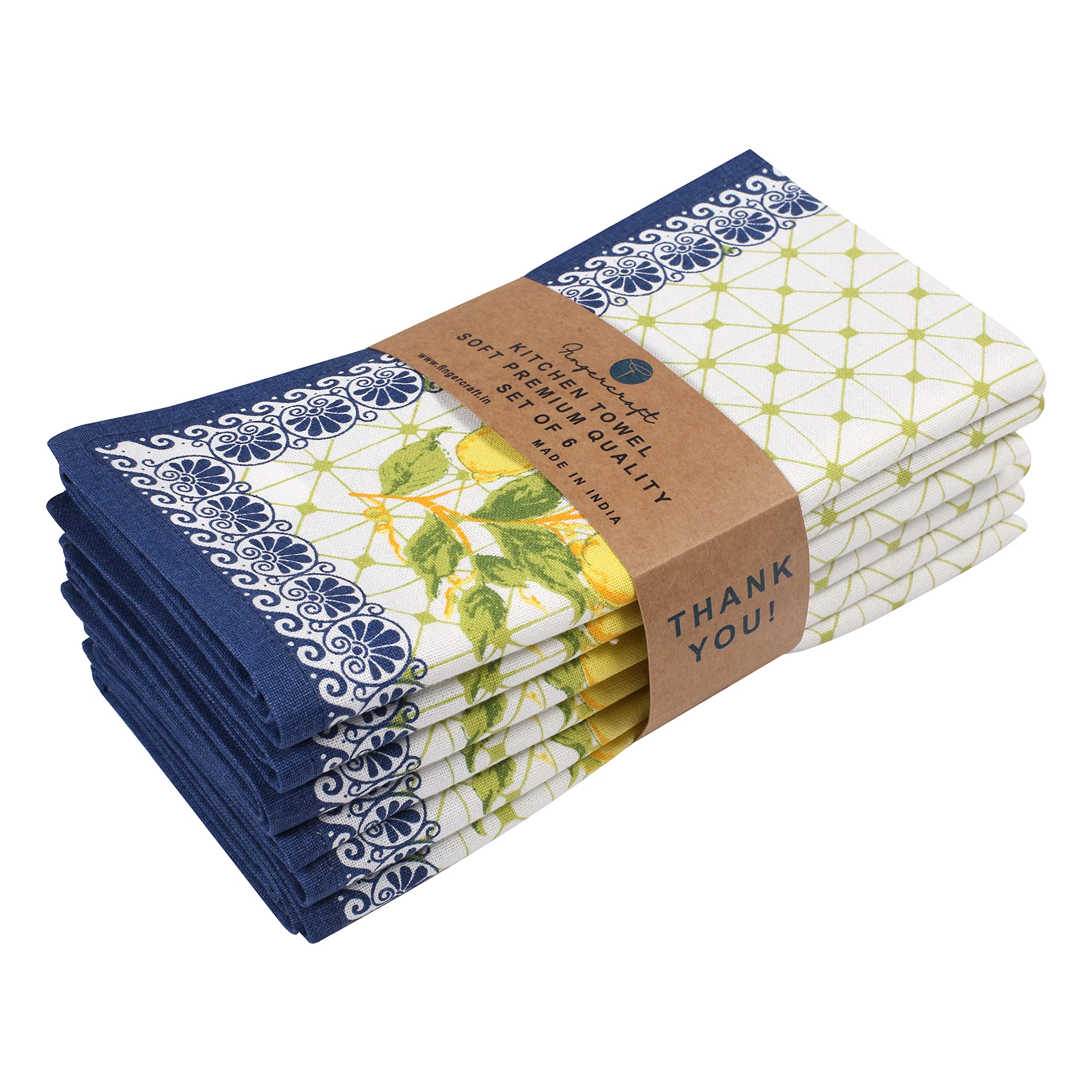 **FINGERCRAFT 100% Natural Cotton Kitchen Towels Set of 6 - Super Soft & Highly Absorbent Multi-Purpose Dish Cloths (20x30 Inches) for Cooking, Cleaning & Drying - Lemon Leaf Design**    *(Perfect for Dishes, Countertops, Hands, Glassware & Everyday Kitchen Use)*