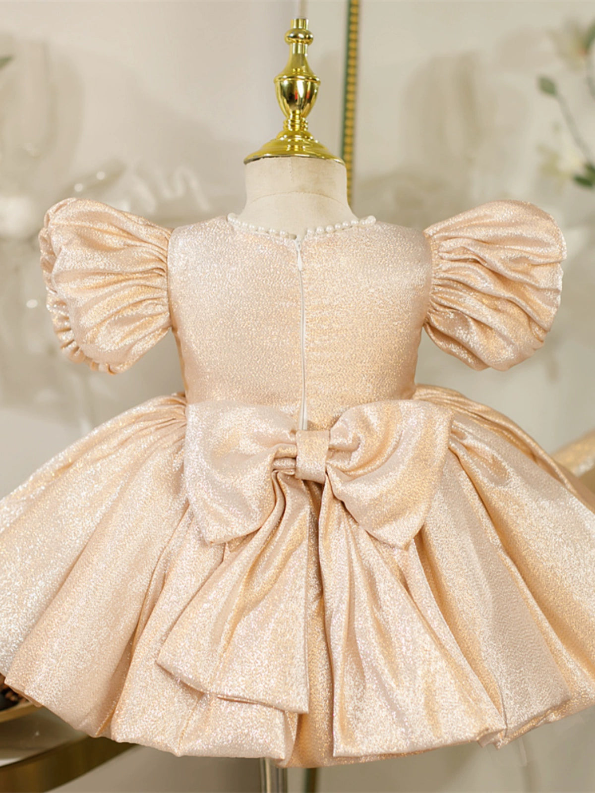 Champagne Princess Jewel Neck Tea-Length Satin Flower Girl Dress for Weddings, Pageants & Special Occasions