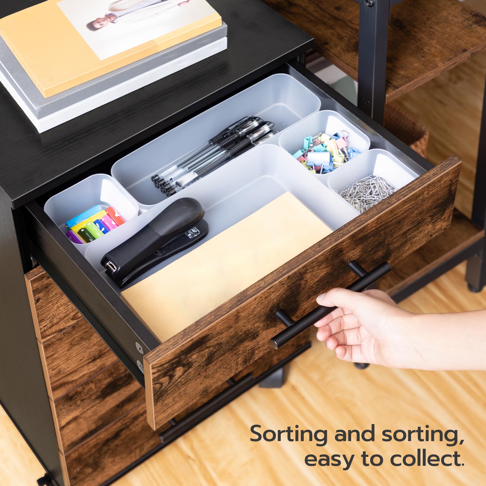 HOOBRO 5-Drawer File Cabinet with Wheels - Rustic Brown Wooden Storage Cabinet for Office, Home, Makeup & Craft Organization - Mobile Filing Cabinet with Easy Assembly - Perfect for Home Office, Bedroom & Beauty Salon Storage