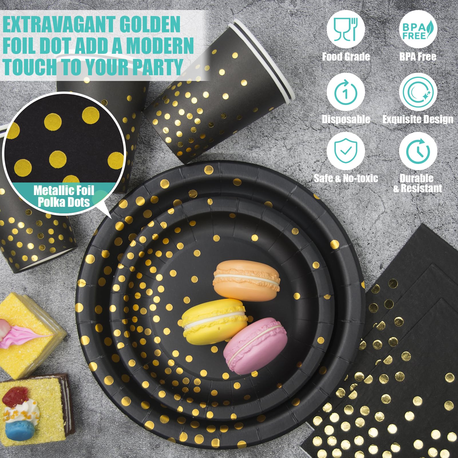 350PCS Black and Gold Party Supplies Set - Disposable Dinnerware with Gold Dot Paper Plates, Napkins, Cups & Plastic Cutlery for Birthday, Wedding, Baby Shower Decorations - Elegant Tableware for Women & Men's Special Events