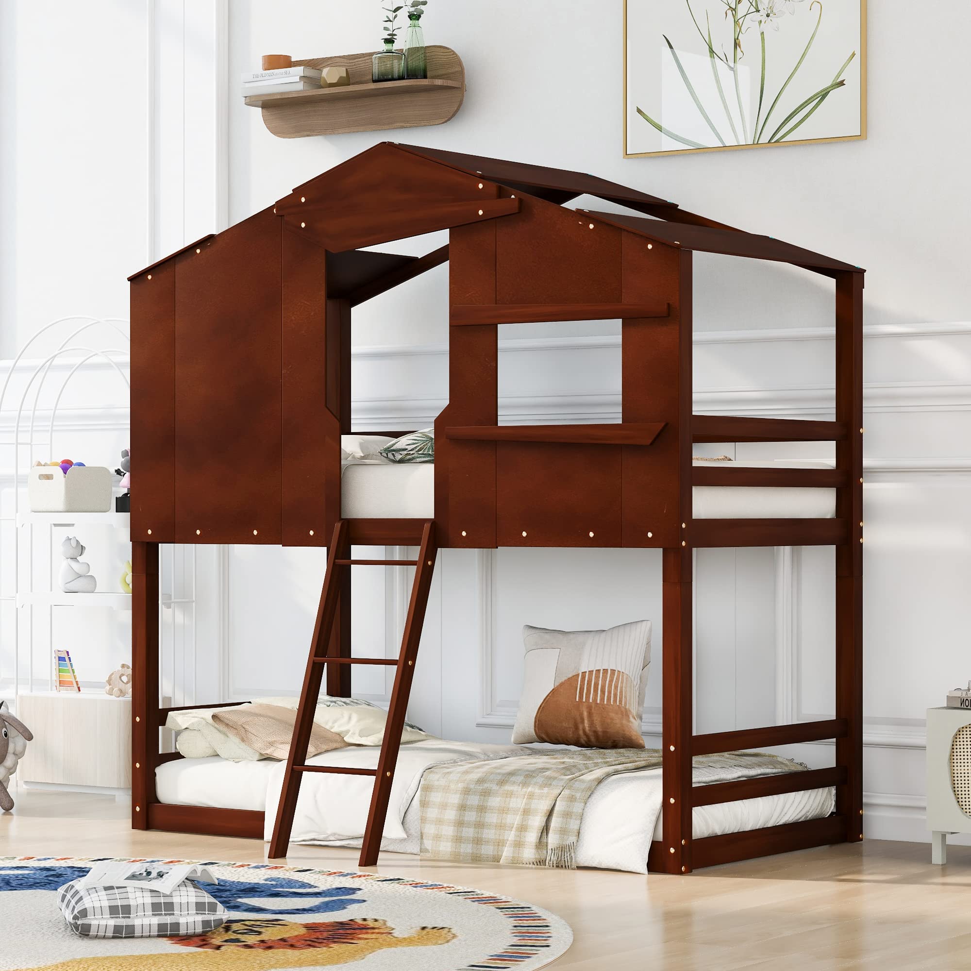 Convertible Twin Over Twin Wooden House Bunk Bed for Kids - Detachable into 2 Separate Beds with Slanted Ladder - Sturdy Frame for Boys, Girls & Teens (Walnut Finish) - Perfect for Shared Kids' Rooms, Sleepovers & Space-Saving Bedroom Solutions