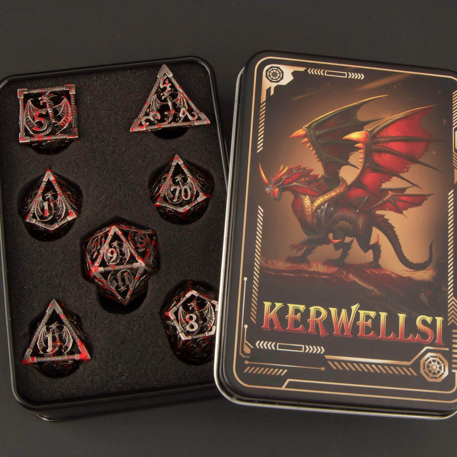 KERWELLSI Hollow Metal DND Dice Set - 7pcs Polyhedral RPG Dice for Dungeons & Dragons (D20, D12, D10, D8, D6, D4) with Gift Box - Perfect for Tabletop Role-Playing Games, D&D Campaigns & Fantasy Board Games (Blood Red)