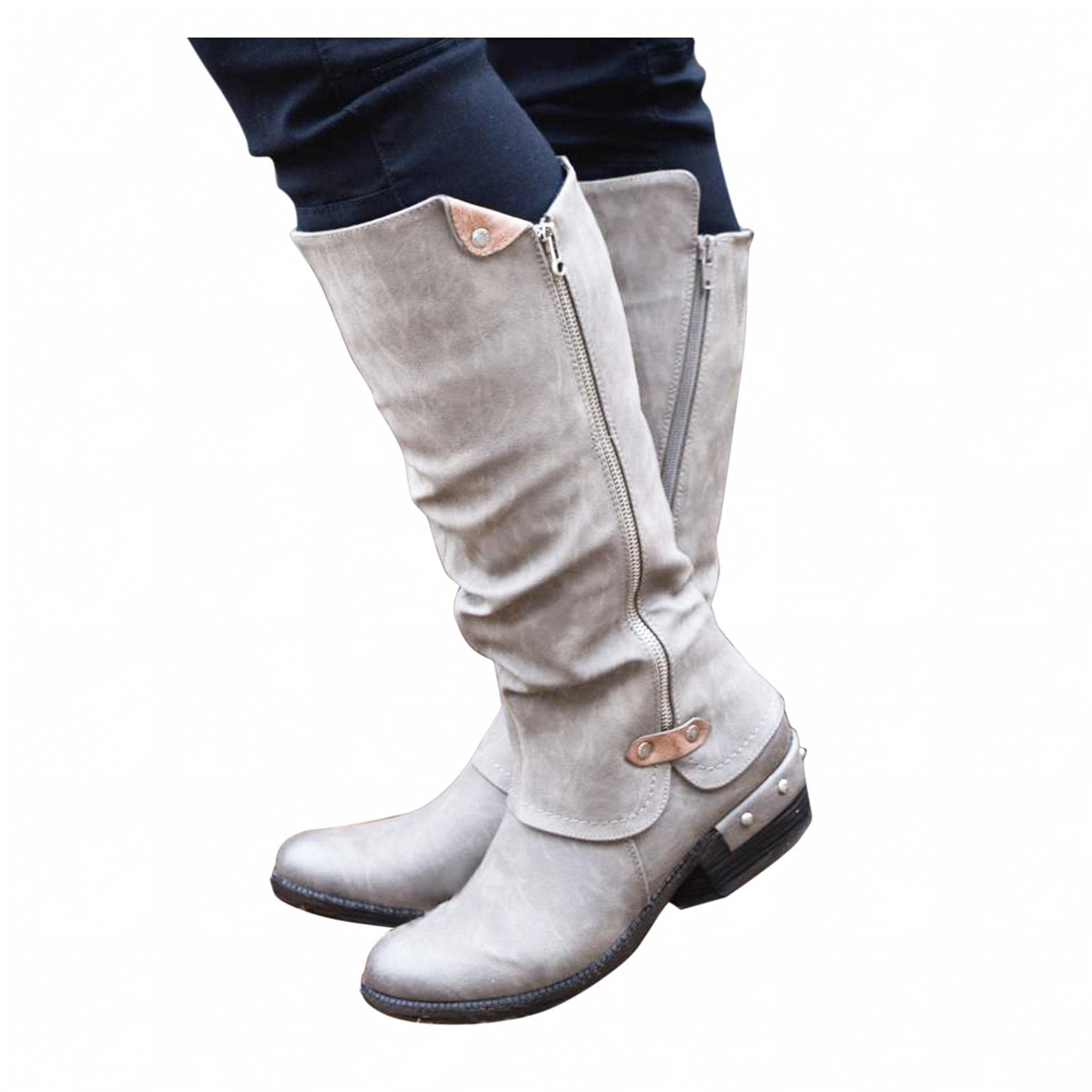 NOLDARES Women's Thigh High Buckle Stretchy Wedge Boots - Block Heel Side Zipper Slip On Over The Knee Boots for Casual Wear, Night Out & Winter Fashion