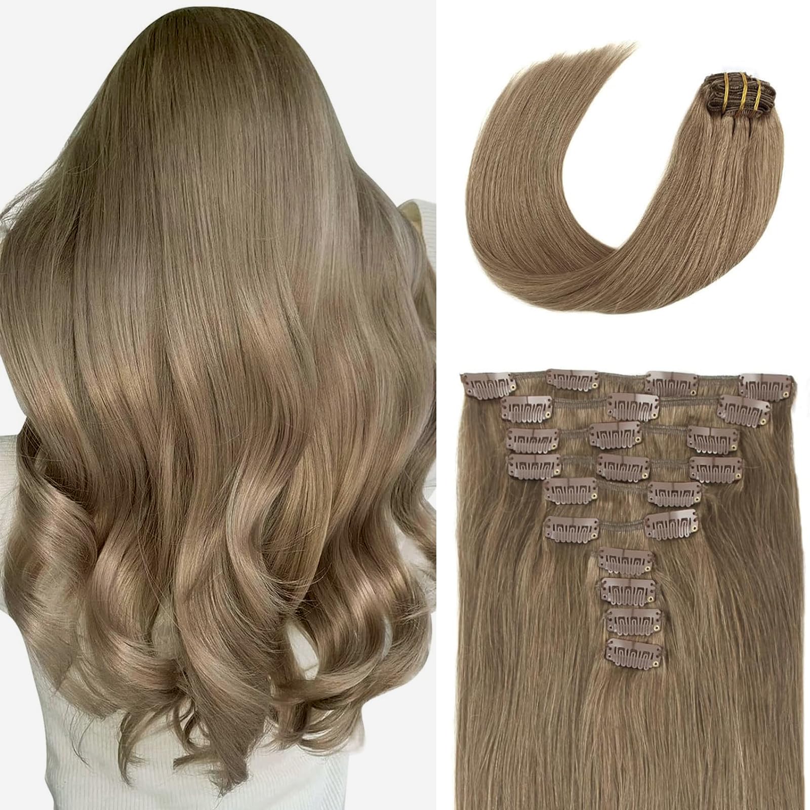 SixStarHair Ash Brown Clip-In Hair Extensions - 20 Inch Remy Human Hair Wefts (180g, 10 Pieces) with 21 Clips - Cool Tone Color 8 - Perfect for Parties, Weddings & Daily Styling