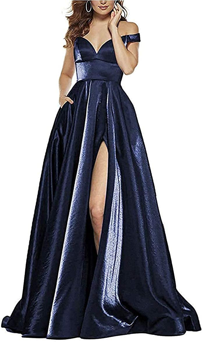 Elegant V-Neck Satin Prom Dress with High Slit | A-Line Ball Gown Formal Evening Dress for Women | Perfect for Wedding, Homecoming, and Special Occasions