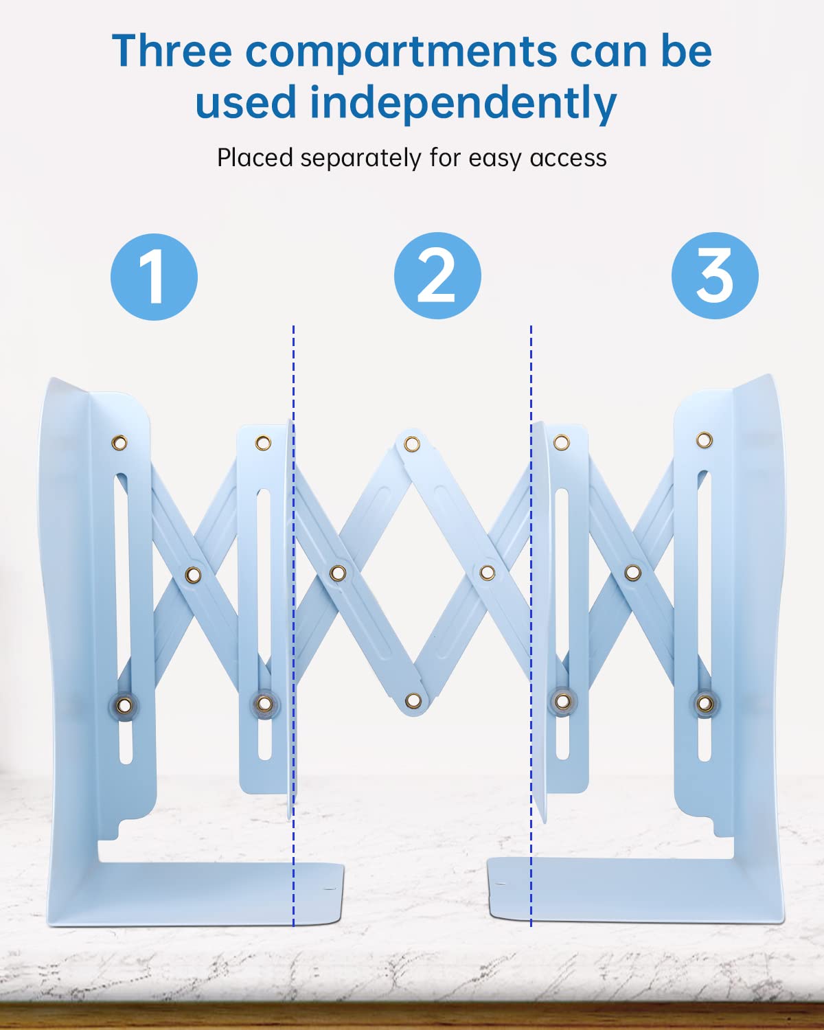 Honagu Adjustable Metal Bookends for Shelves - Heavy Duty Book Organizer for Home & Office - Extends up to 19 inches (Light Blue) - Perfect for Books, Magazines, Papers & Desk Organization