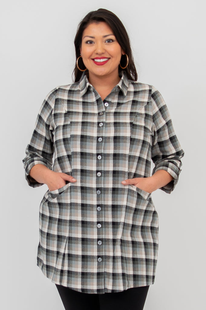 Larissa Tunic Top - Black Retro Plaid Cotton Flannel Shirt for Women | Vintage Style Fall Winter Fashion | Perfect for Casual Outfits, Office Wear & Holiday Parties