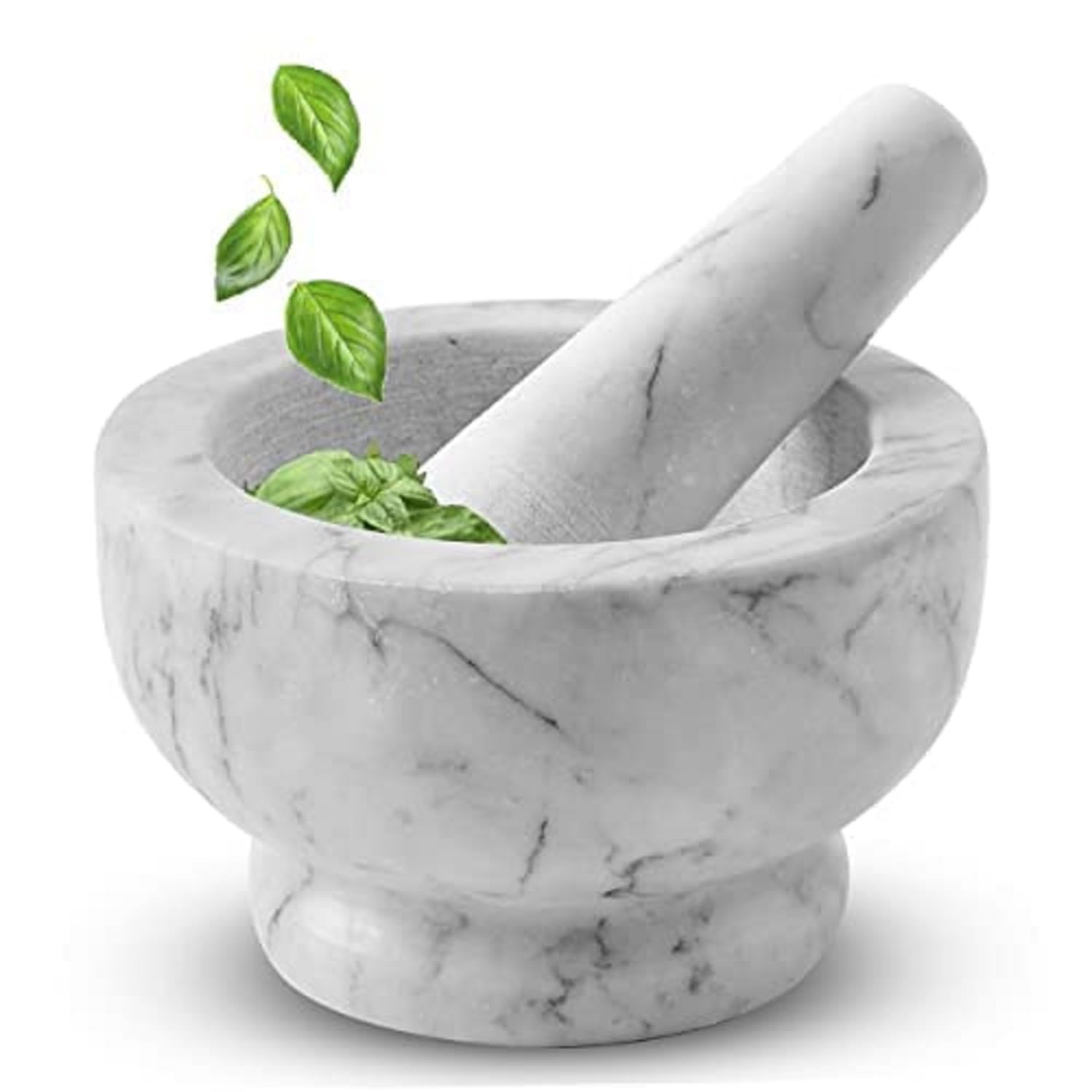 ALPINE CUISINE 5-Inch Natural Marble Mortar and Pestle Set - Stone Guacamole Molcajete Bowl for Grinding Spices, Herbs & Salsa | Durable Marble Spice Crusher & Grinder | Perfect Kitchen Gift Set (White, 5x3 Inch) for Mexican Cooking, Thai Curry Paste & Fresh Herb Preparation