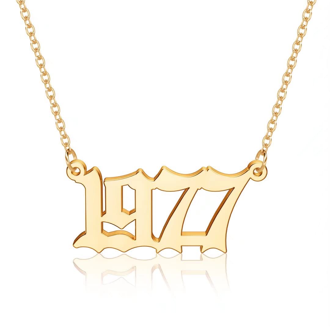 18K Gold Plated Old English Birth Year Necklace for Women - Personalized Number Pendant Jewelry Gift (1970-2021) | Perfect for Birthday, Anniversary & Mother's Day Gifts