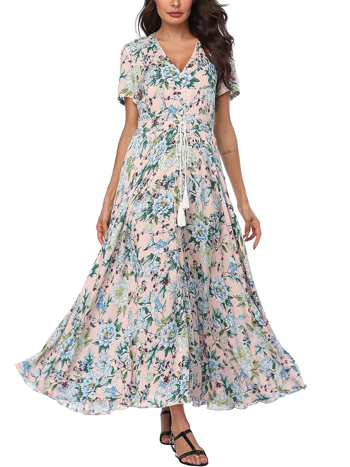 Boho Floral Maxi Dress for Women - Summer Button Up Long Dress with Side Slit & Flowy Skirt | Beach Party, Vacation, Wedding Guest Outfit