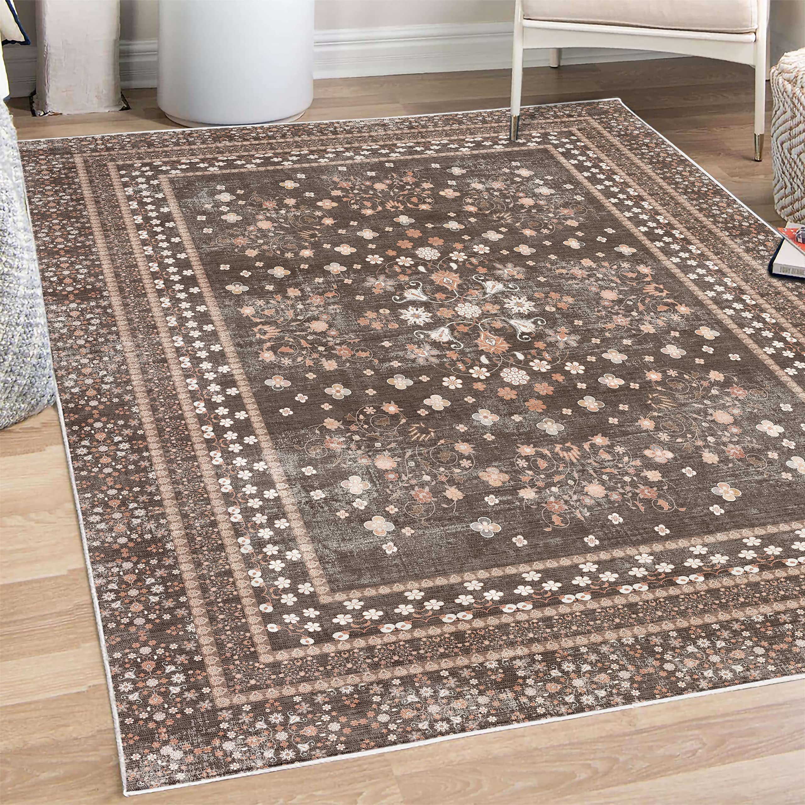 Ambesonne Floral Bohemian Area Rug - Vintage Curlicue Spring Romance Blooming Ethnic Flower Design in Dark Cocoa - Soft Non-Slip Carpet for Bedroom, Living Room, Dorm - 5'1