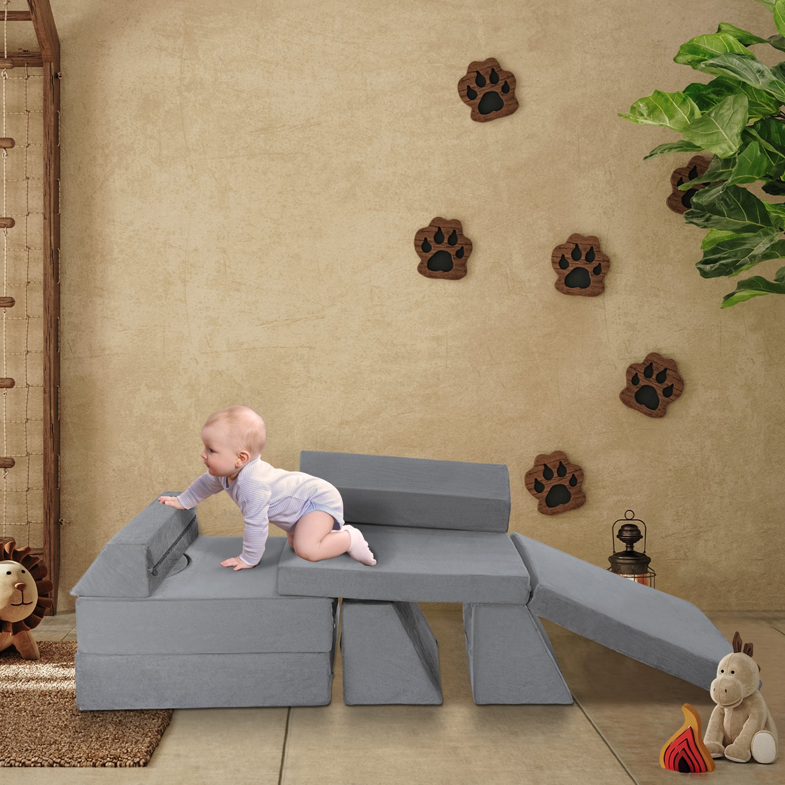 MAXYOYO 10-Piece Modular Convertible Kids Play Couch Sofa Set with Removable Soft Velvet Covers (Grey) - Perfect for Playrooms, Daycare Centers & Family Living Rooms