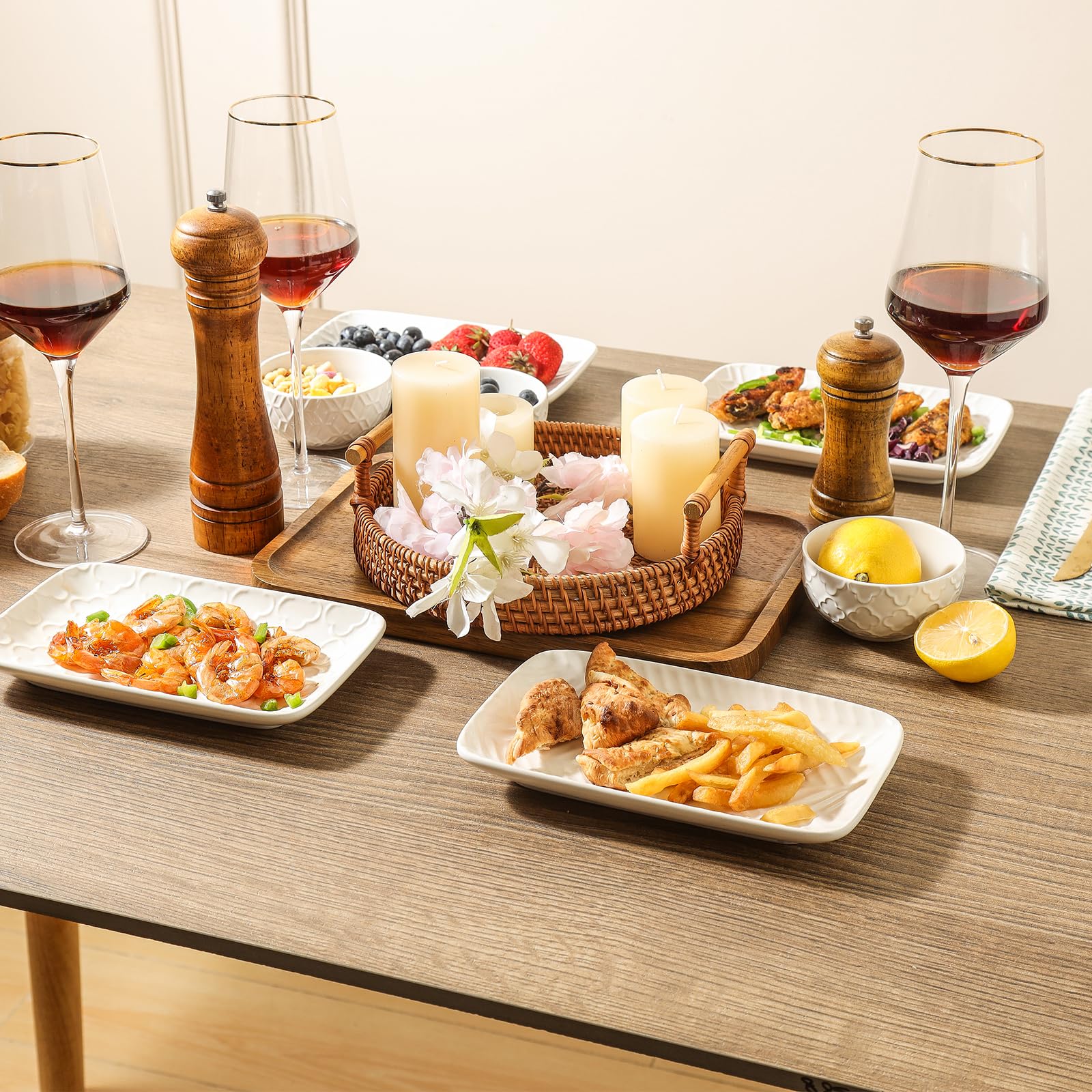Sureasy 8 Inch Rectangular Ceramic Salad Plates - Set of 4 White Embossed Porcelain Appetizer Dishes for Dessert, Sushi & Small Serving | Perfect for Dinner Parties, Entertaining & Home Decor