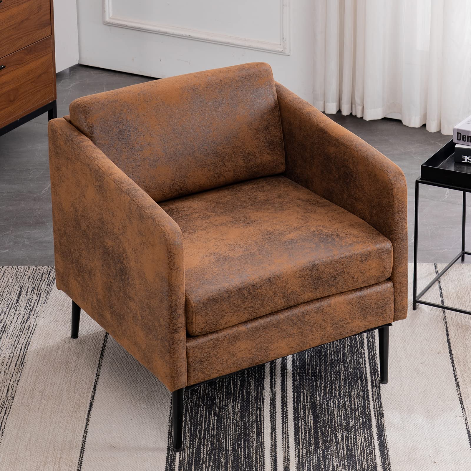 Mid-Century Modern Accent Chair - Retro Club Chair with Bronzing Cloth & Metal Legs, Comfortable Single Sofa for Living Room, Bedroom or Office - Orange