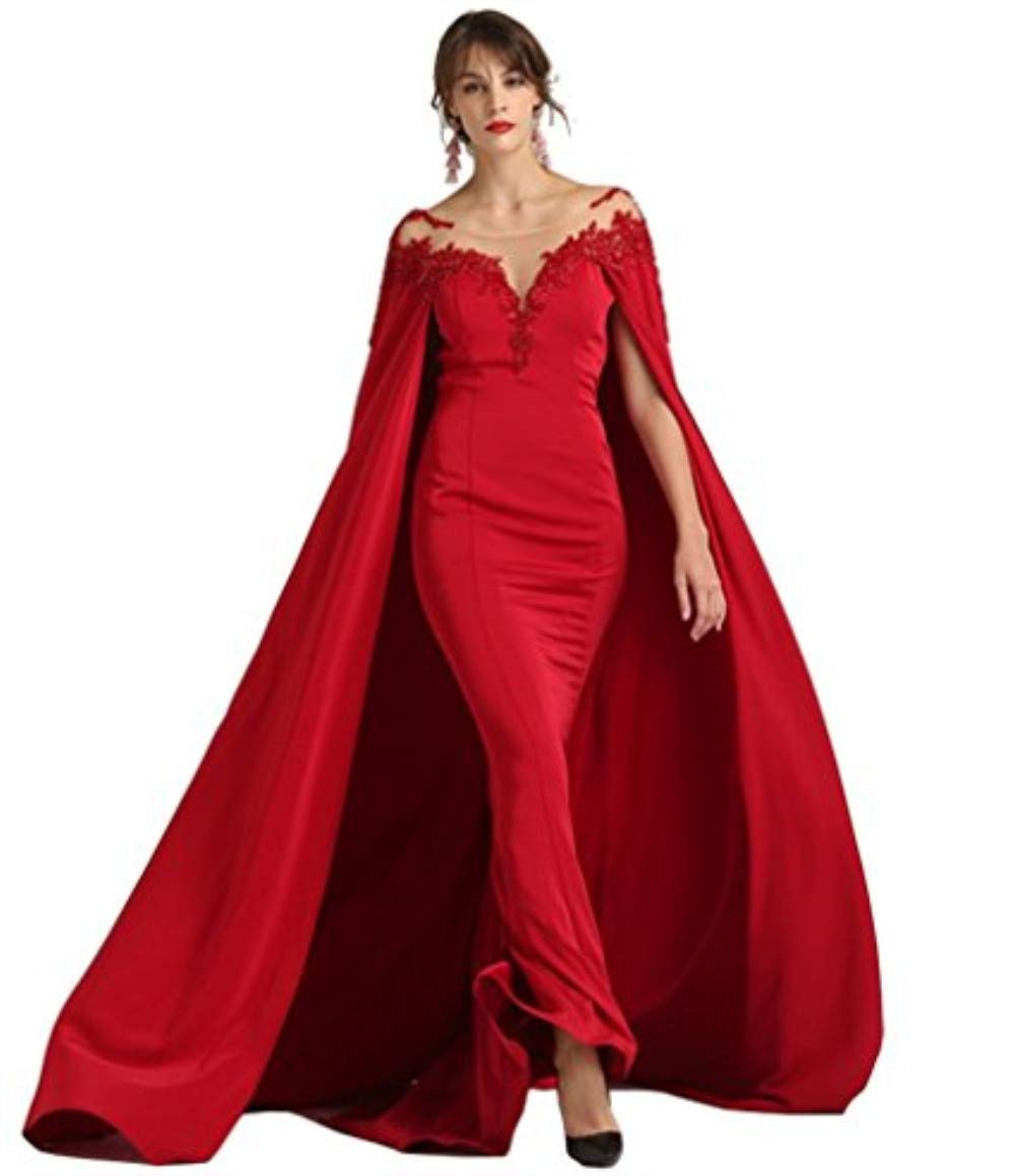 Elegant Long Formal Prom Dress for Women - Mother of The Bride Lace Gown with Cape Illusion Neckline | Perfect for Weddings, Parties & Special Occasions