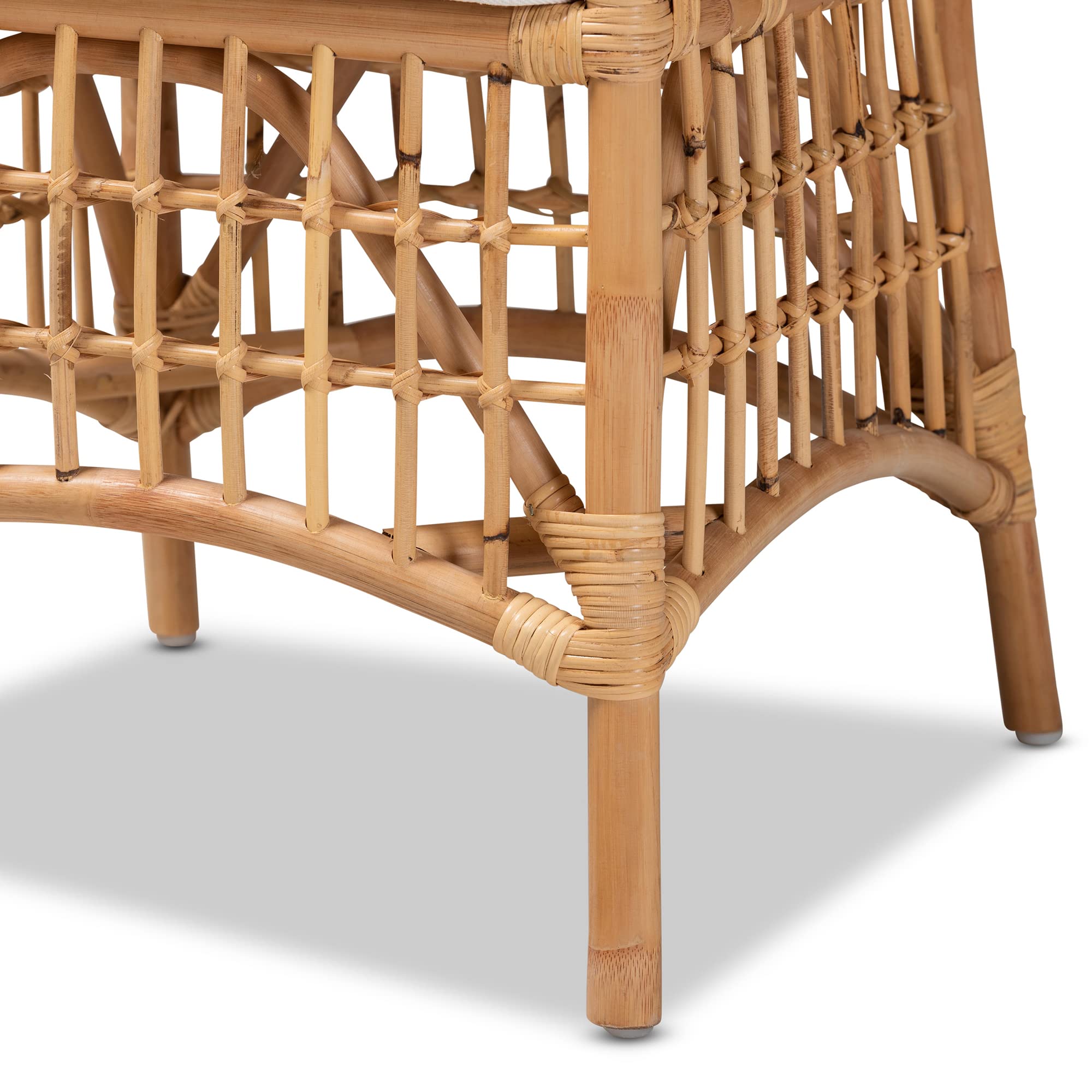 Baxton Studio Rose Dining Chair - White Fabric Upholstered with Natural Brown Rattan - Modern Farmhouse Dining Room Chair for Kitchen, Breakfast Nook, and Outdoor Patio