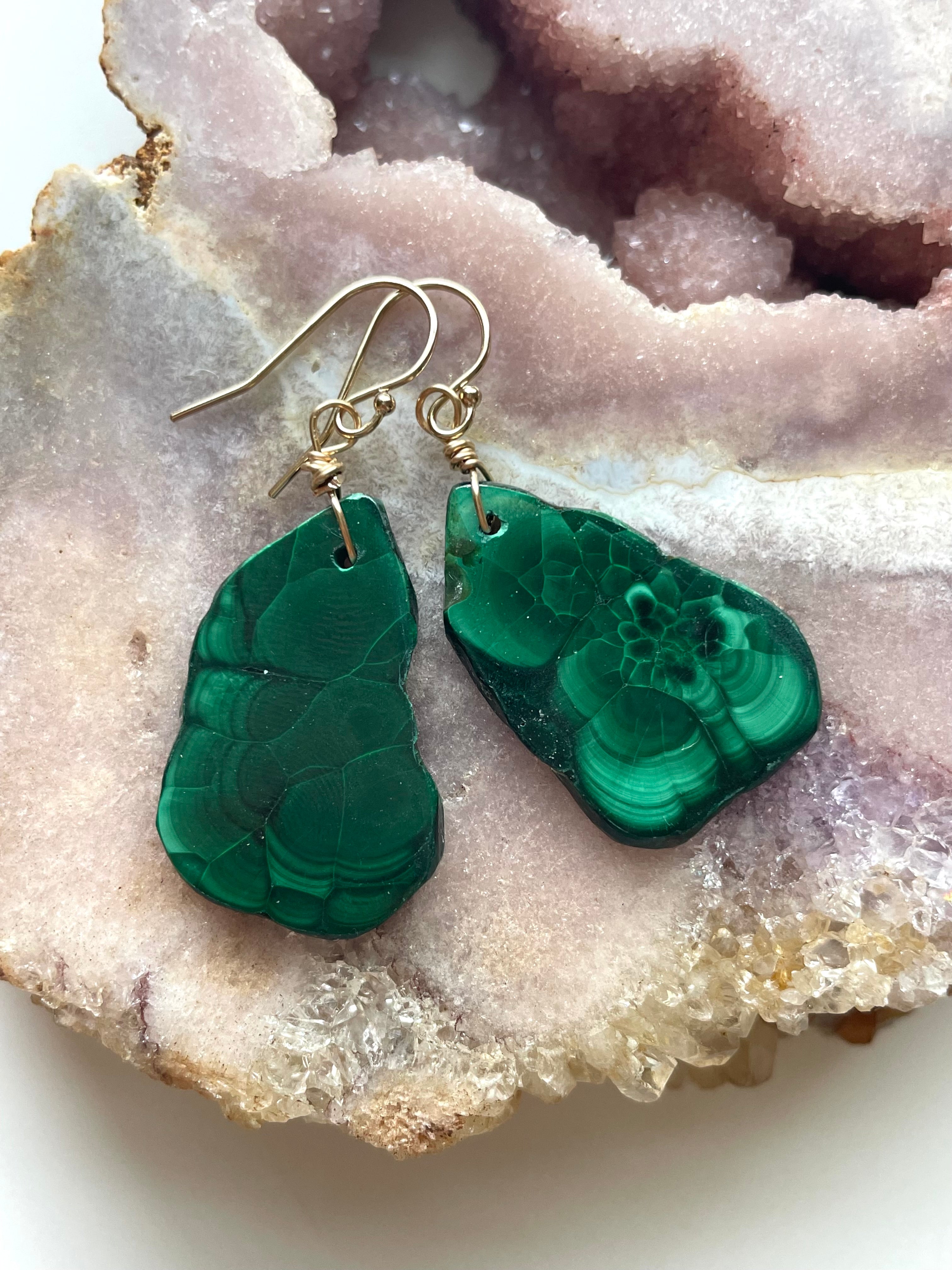 14kt Gold Filled Malachite Crystal Dangle Earrings for Women - Elegant Green Gemstone Jewelry for Parties, Weddings & Special Occasions