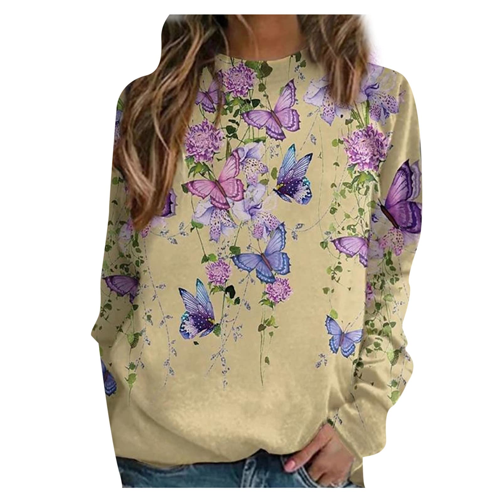Butterfly Print Long Sleeve Blouse for Women - Casual Loose Fit Round Neck Summer Top | Boho Chic Outfit for Beach, Date Night & Office Wear
