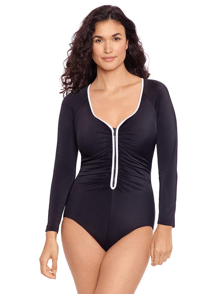Reebok Women's Long Sleeve Colorblock Zipper Front Rashguard One Piece Swimsuit - UPF 50+ Sun Protection for Surfing, Swimming & Beach Activities