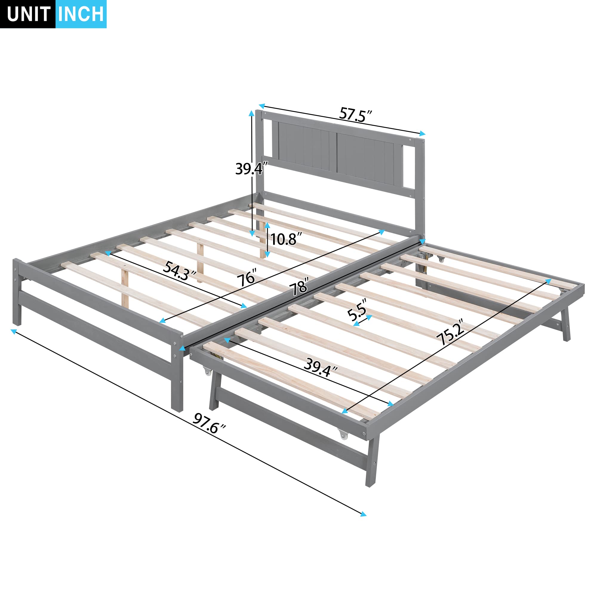 P PURLOVE Full Platform Bed with Adjustable Trundle - Sturdy Wood Bed Frame with Headboard & Slats for Kids, Teens & Adults (Gray) - Space-Saving Design for Small Bedrooms, Guest Rooms & Dormitories - No Box Spring Needed