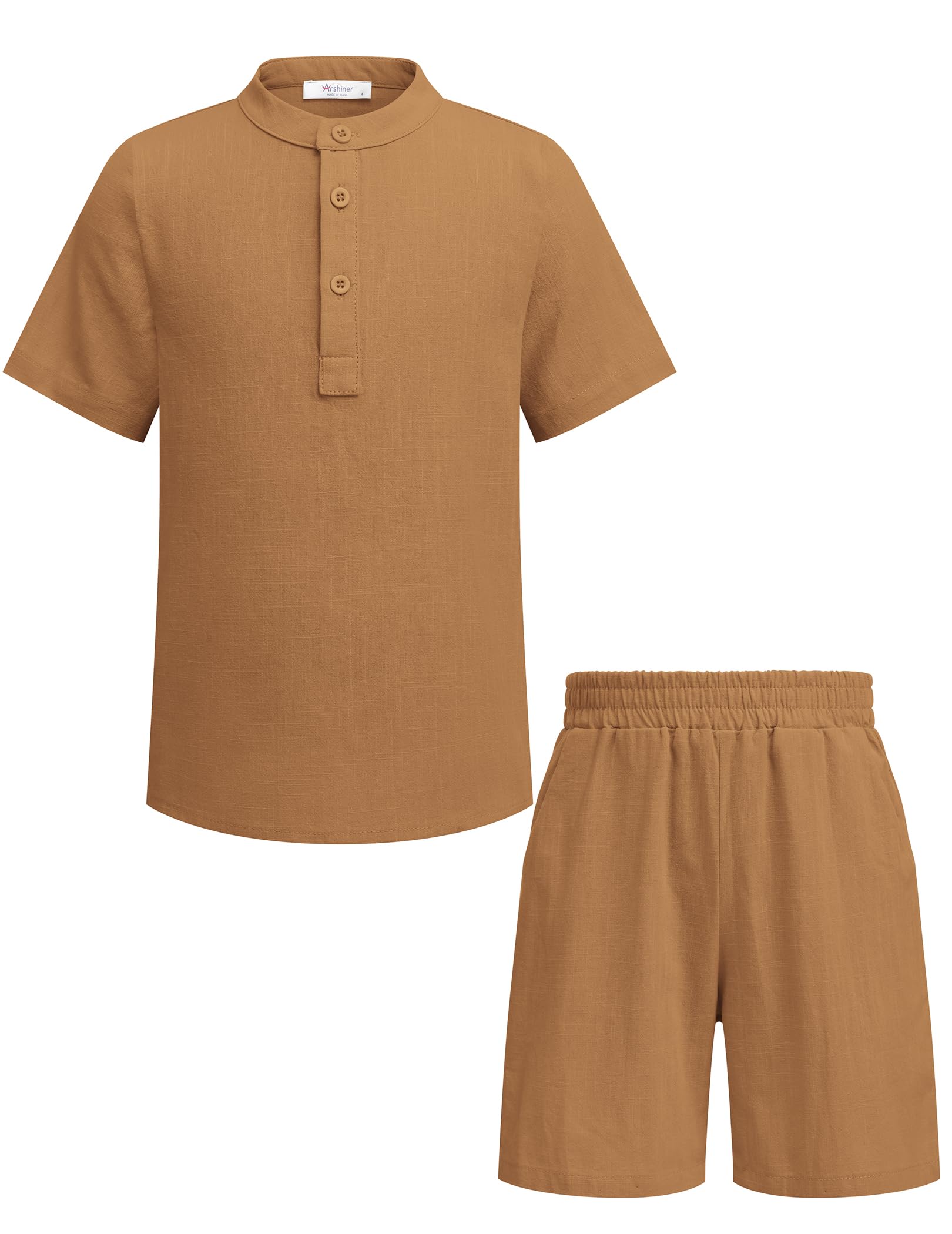 Arshiner Boys' 2-Piece Cotton Linen Outfit - Casual Henley Shirts & Short Sleeve Beach Shorts - Summer Clothes for Kids 5-12 Years - Perfect for Beach Vacations, Playdates & Outdoor Adventures