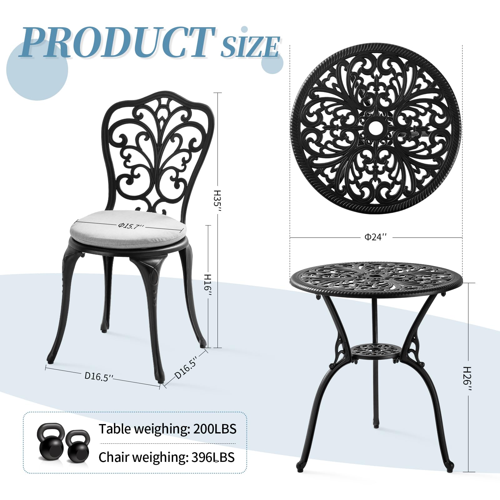 3 Piece Bistro Patio Set - Cast Aluminum Outdoor Table & 2 Chairs with Cushions, All-Weather Garden Furniture with Umbrella Hole (Black) - Perfect for Backyard, Balcony, and Poolside Relaxation