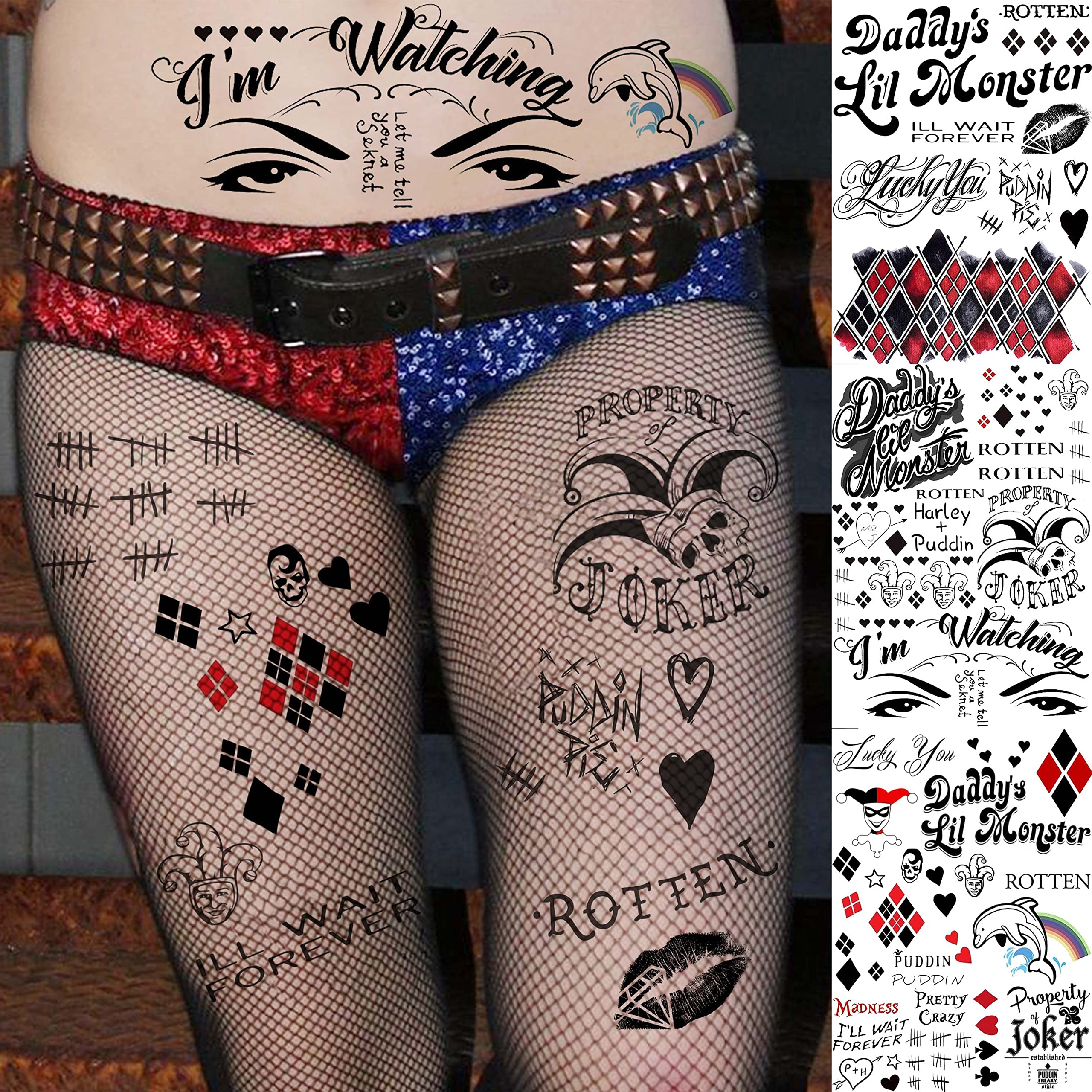 Premium 5-Pack Temporary Tattoos for Women & Adults - Halloween Makeup Kit with Joker Face Designs | Costume Party Accessories, Gothic Prisoner & Rapper Fake Tattoo Stickers for Halloween, Cosplay, Themed Parties & Festive Events