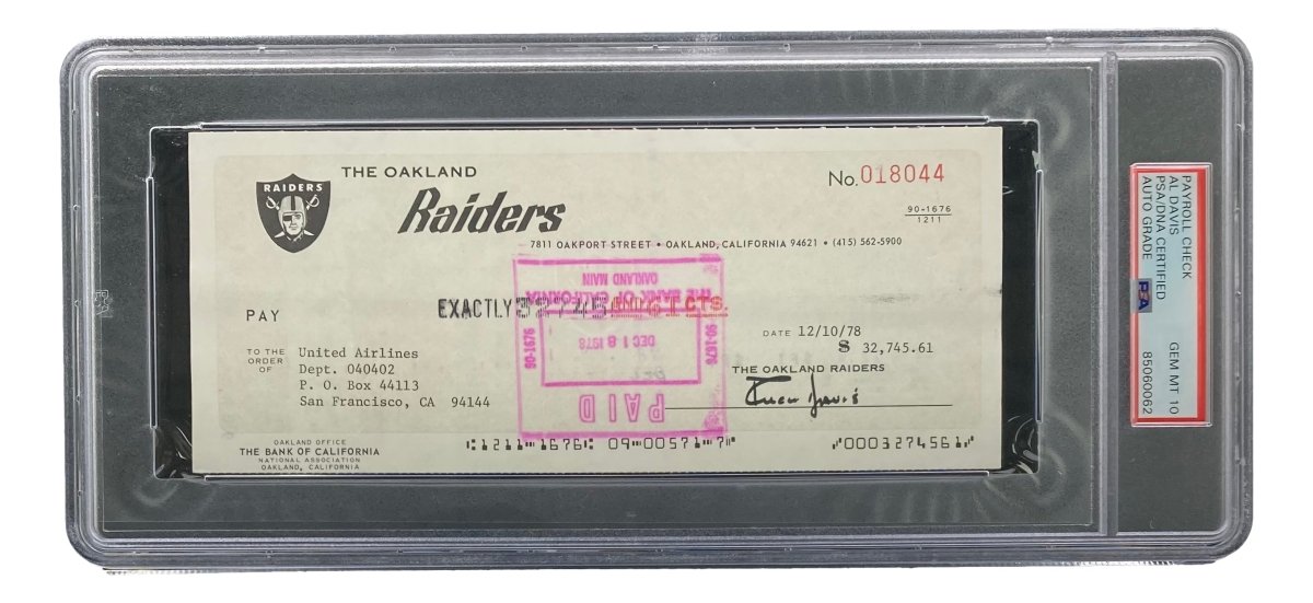 Authentic Al Davis Signed Oakland Raiders Bank Check #18044 - PSA/DNA Certified Gem MT 10 - Perfect for NFL Memorabilia Collectors & Raiders Fans Display