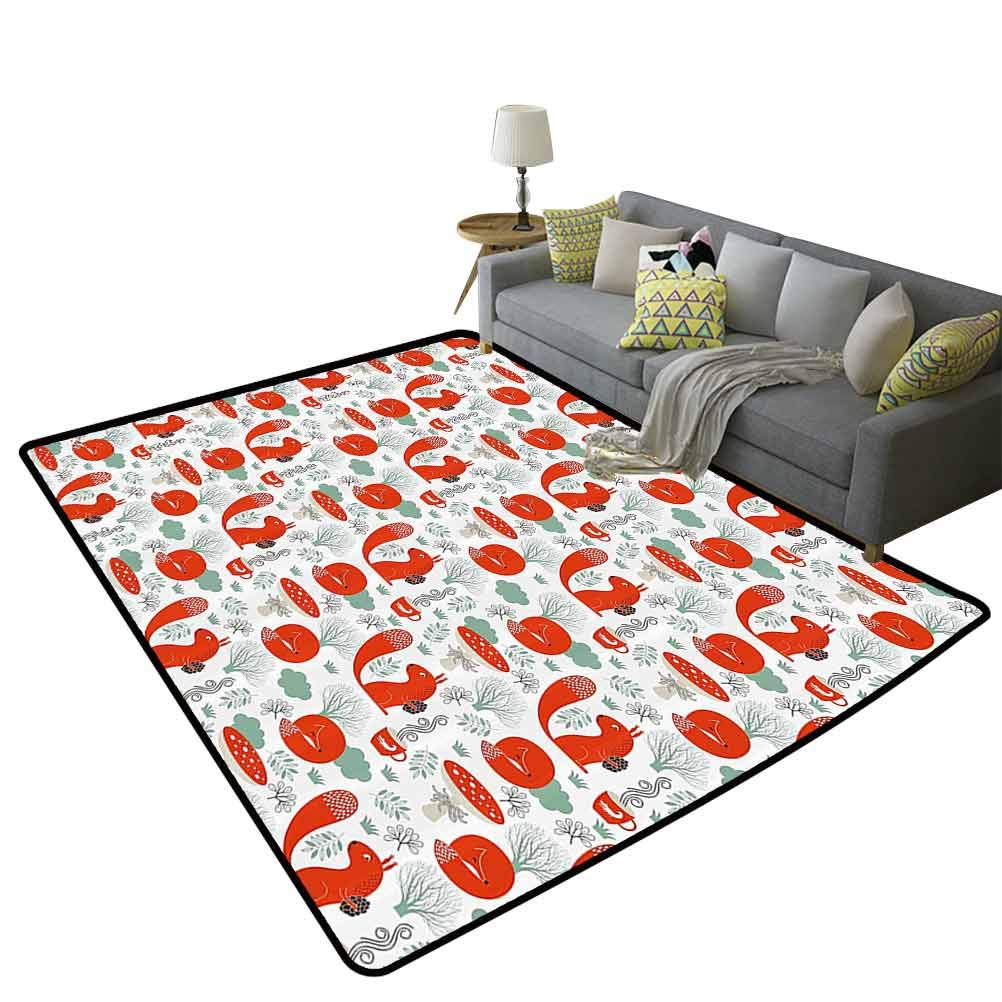 Fox and Squirrel Garden Animal Hallway Rug - Cute Tree Leaf Flower Illustration Non-Slip Runner - 5'x6' (150x180cm) Scarlet Seafoam - Perfect for Nursery, Kids Room, or Cozy Home Decor Gift