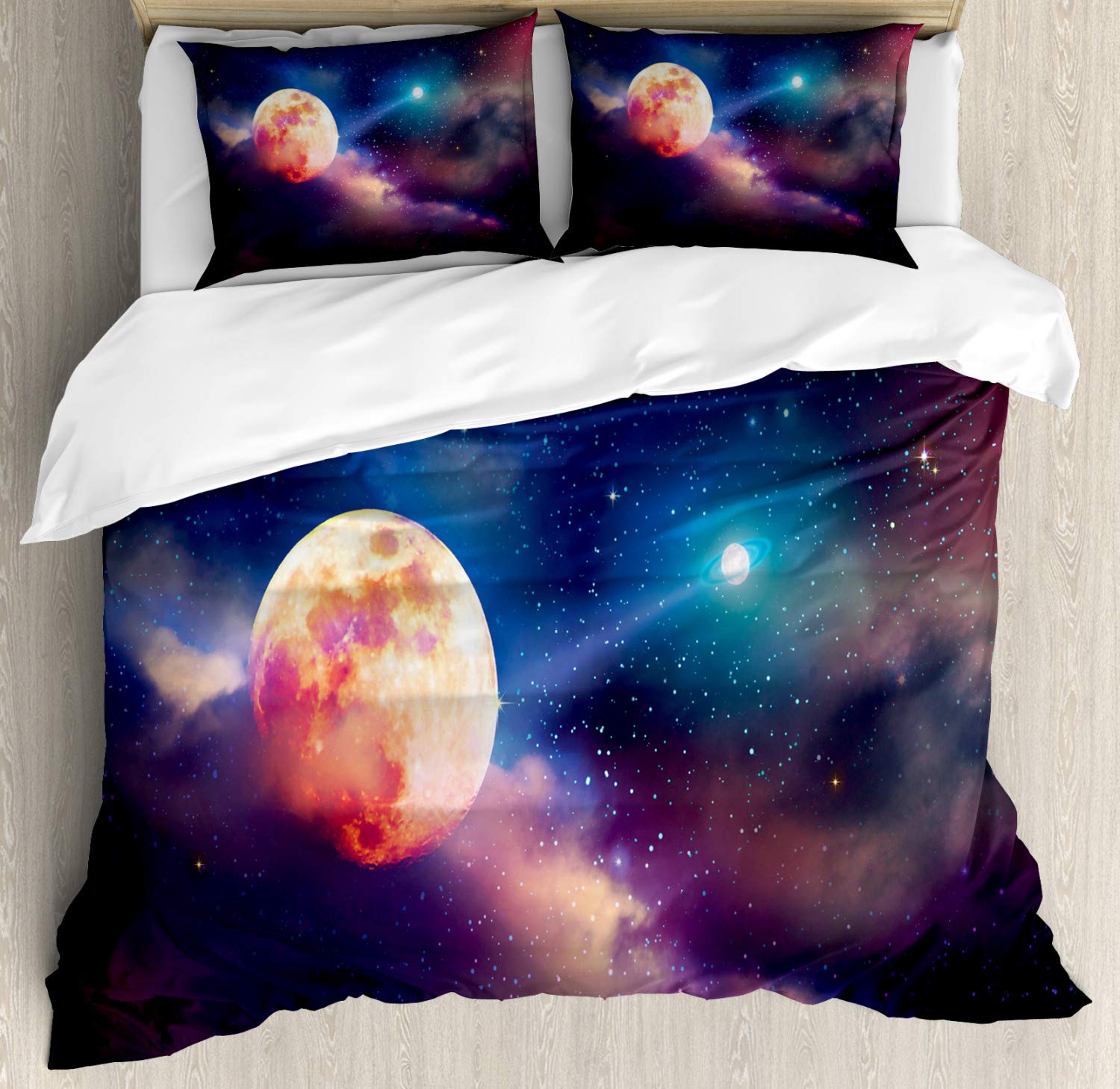 Ambesonne Full Moon Duvet Cover Set - Queen Size 3-Piece Space Themed Bedding with Planets & Stars | Cosmic Galaxy Print Comforter Cover + 2 Pillow Shams | Perfect for Astronomy Lovers, Kids Rooms & Unique Home Decor
