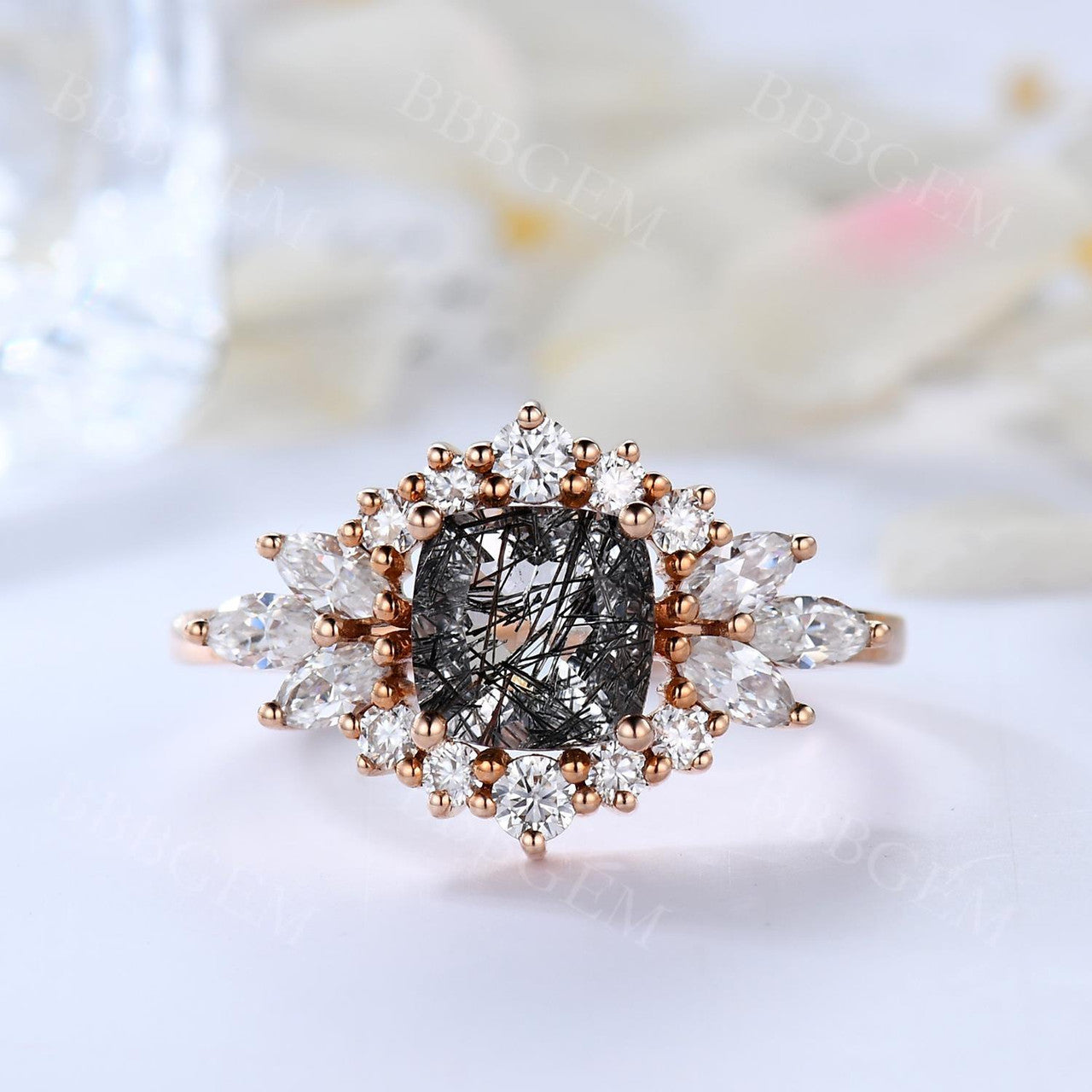 Oval Cut Black Rutilated Quartz Engagement Ring with Marquise Moissanite Halo - Elegant Wedding Band for Proposals, Anniversaries & Special Occasions