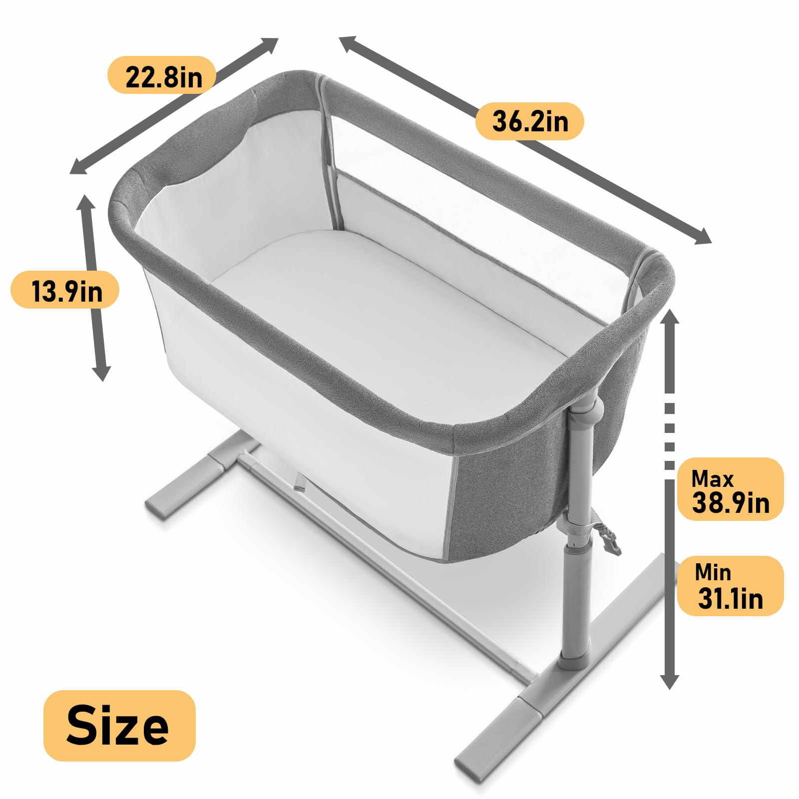 ALVOD Adjustable Height Bedside Bassinet for Baby - 6-Level Portable Crib with Breathable Mesh, Easy Assembly, Light Grey - Perfect for Nursery, Bedside, or Sofa Sleeping