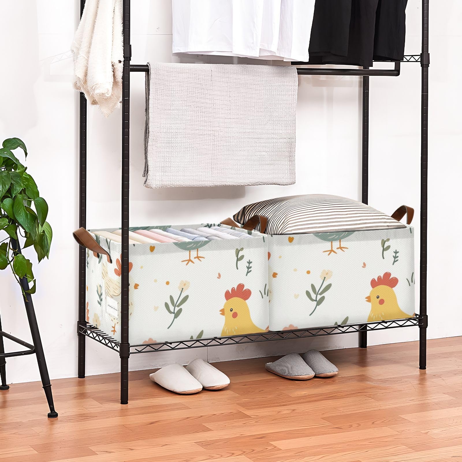 Cute Floral Chicken Cartoon Storage Bins with Handles - 2 Pack Decorative Organizer Baskets for Closet, Bedroom, Kids Room & Nursery Organization