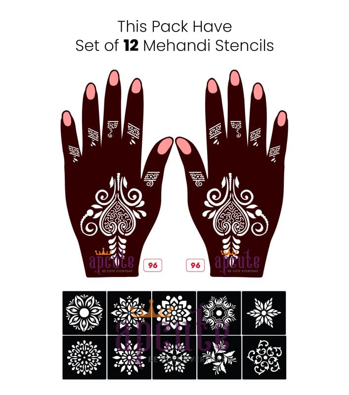 Apcute 12-Piece Henna Tattoo Stencil Kit for Women, Girls & Kids - Easy DIY Temporary Body Art Stickers for Beach, Summer & Festival - Perfect for Weddings, Parties & Vacation Fun