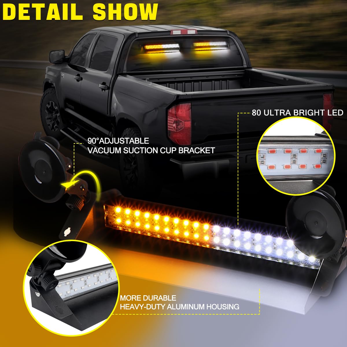80 LED Emergency Dash Strobe Light Bar for Trucks - 2x14 Inch Amber/White Hazard Warning Lights - Interior Windshield Visor Flashing Safety Lights for Construction Vehicles & Emergency Scenes - Perfect for Roadside Assistance, Traffic Control, and Nighttime Visibility