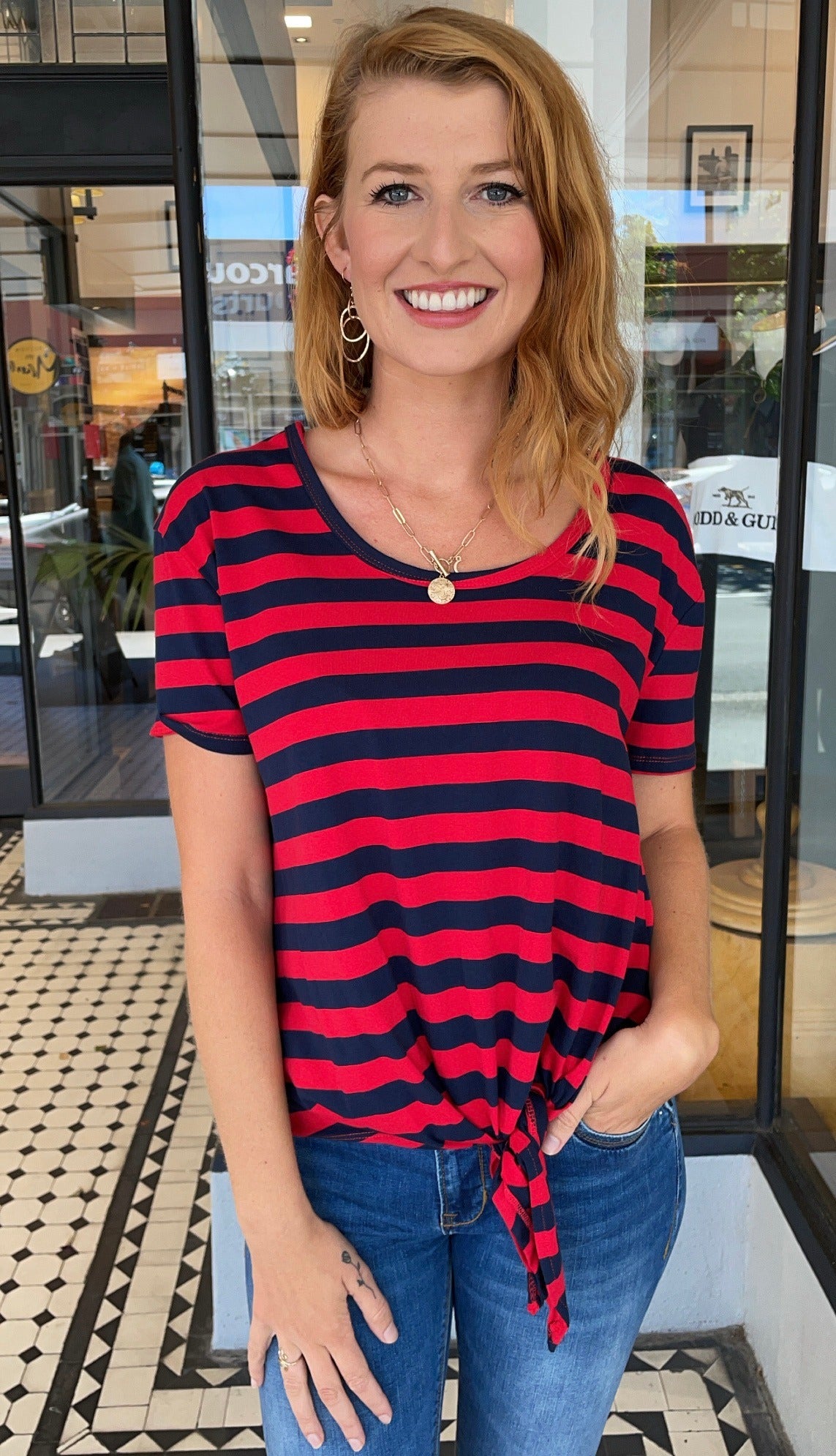 Lara Striped Knot Front Top for Women - Red & Navy Casual Blouse - Perfect for Summer Outfits, Beach Wear, and Date Nights