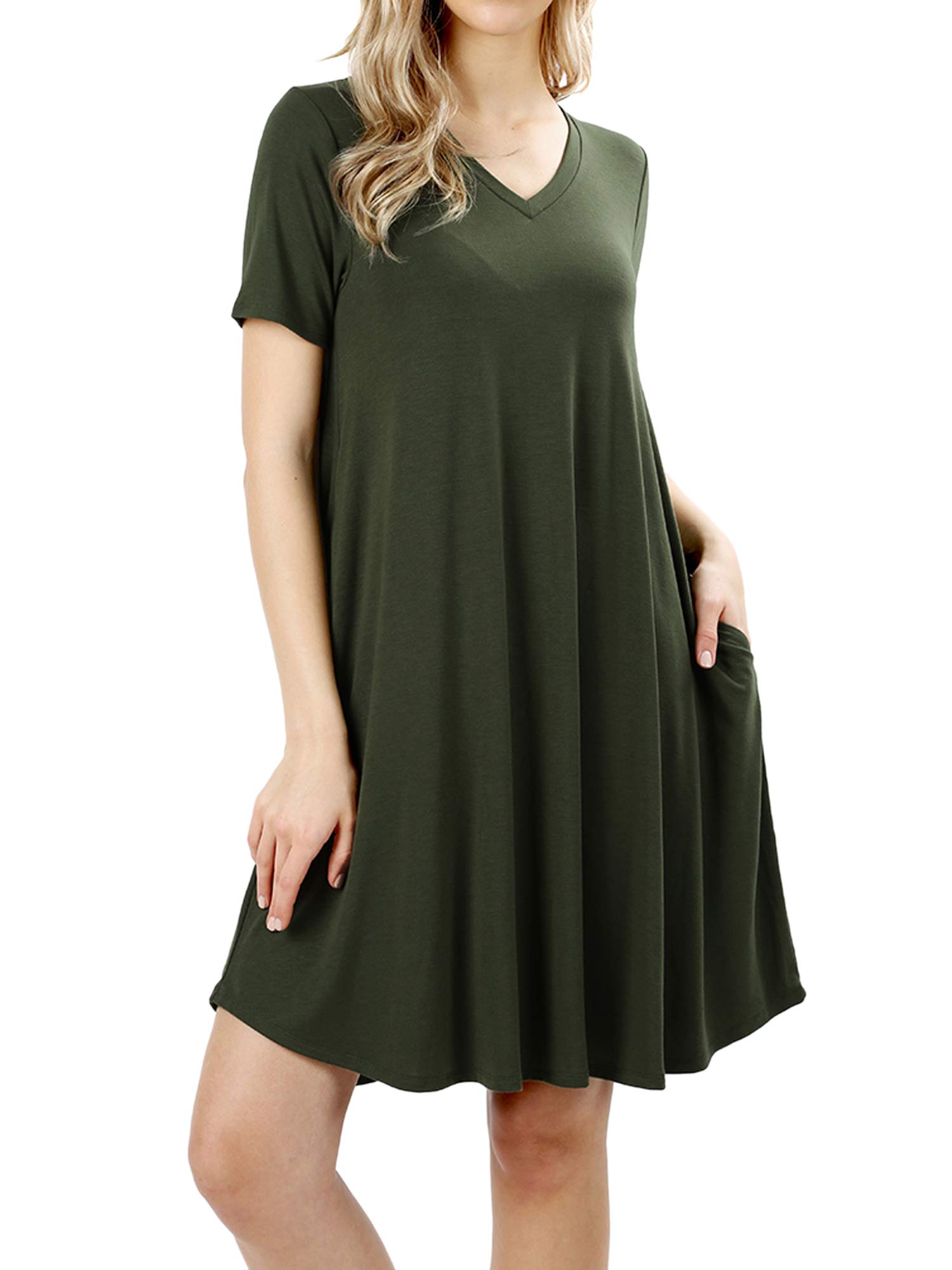 **Stylish Army Green V-Neck Short Sleeve A-Line Mini Dress for Women - Plus Size 3X with Side Pockets | Casual Summer Outfit, Beach Wear, Party Dress**