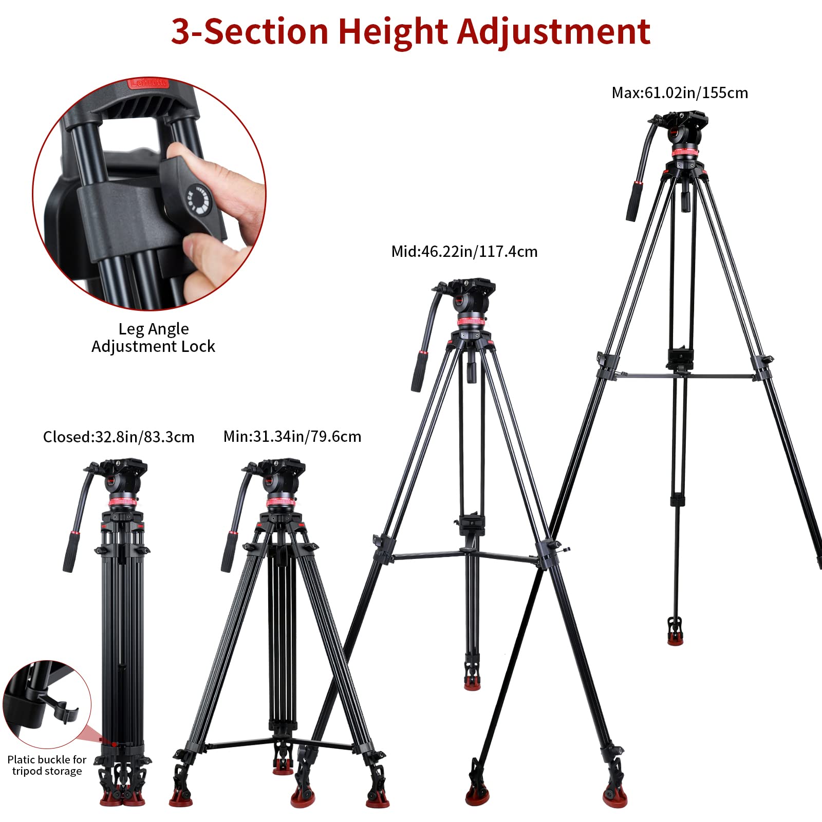 TA155H Heavy Duty Aluminum Video Tripod - 61'' Professional DSLR & Camcorder Tripod with Fluid Head, 33lbs Load Capacity, 360° Pan, 75mm Bowl, Adjustable Tilt +90°/-75° - Perfect for Filmmaking, Vlogging & Photography