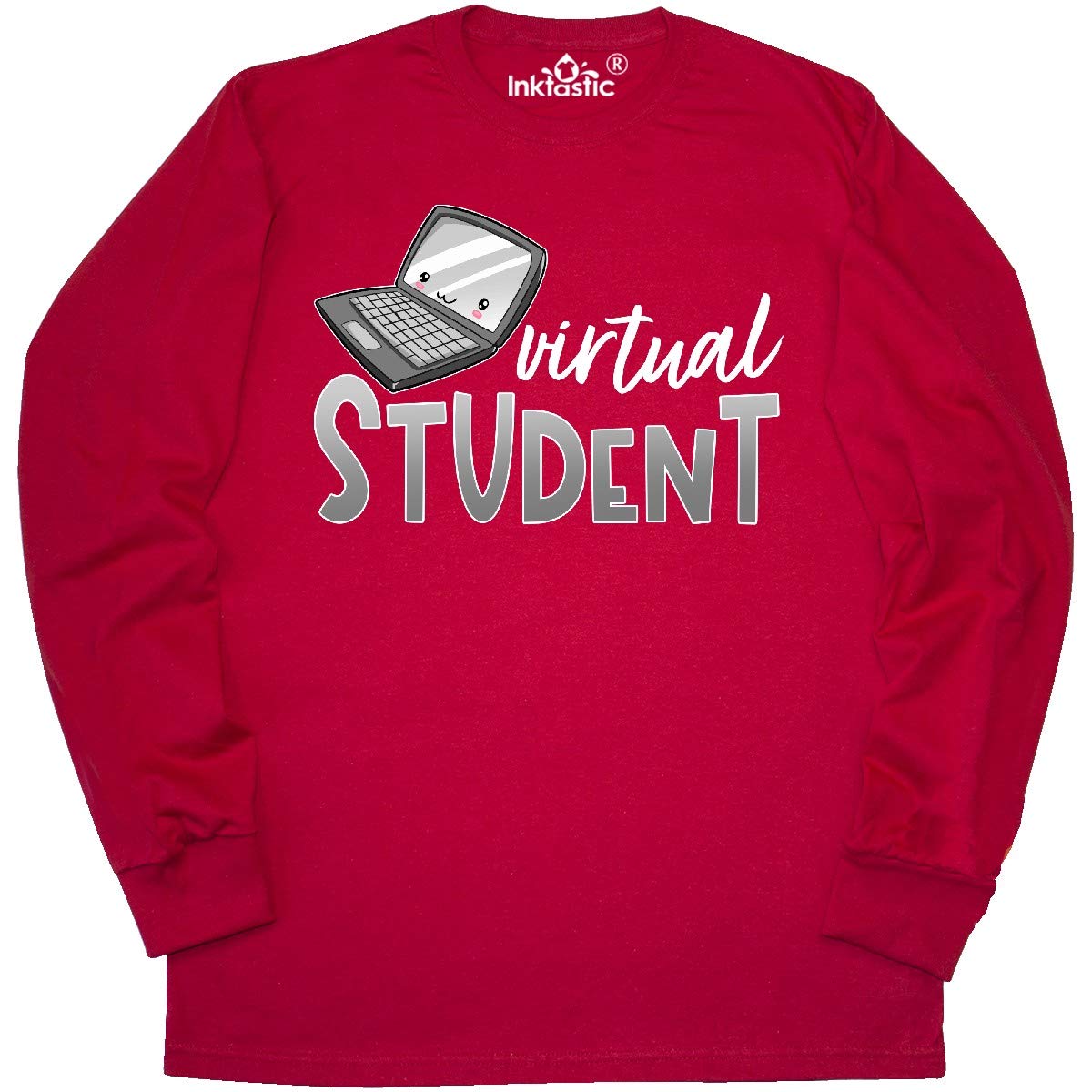Inktastic Virtual Student Cute Smiling Laptop Long Sleeve T-Shirt for Women - Funny Online Learning Graphic Tee for College Students, Remote Workers & Homeschooling - Comfortable Cotton Top for Zoom Classes & Casual Wear