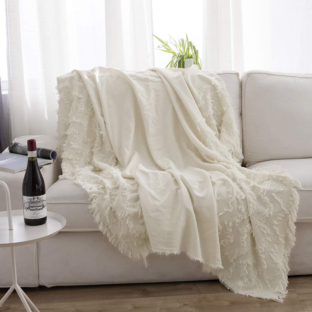 Simple&Opulence 100% Cotton Boho Throw Blanket - Soft Lightweight Tufted Zigzag Knit Woven Blanket with Tassels for Bed, Couch & Farmhouse Decor | All-Season Cozy Breathable Blanket in White | Perfect for Living Room, Bedroom & Outdoor Picnics