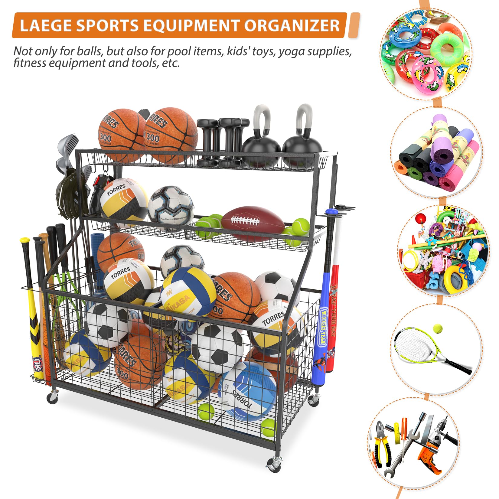 Gadroad Rolling Sports Ball Storage Cart with Baskets & Hooks - Garage Organizer for Basketball, Soccer, Football Equipment - Heavy-Duty Black Sports Gear Rack for Home, Gym, and Playroom Organization
