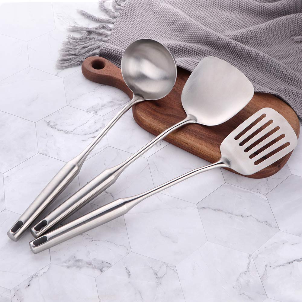 PLESIU 3-Piece Stainless Steel Kitchen Utensil Set - Soup Ladle, Wok Spatula & Slotted Spatula with Vacuum Ergonomic Handle - Perfect for Cooking, Serving & Stirring Soups, Noodles & Stir-Fry Dishes